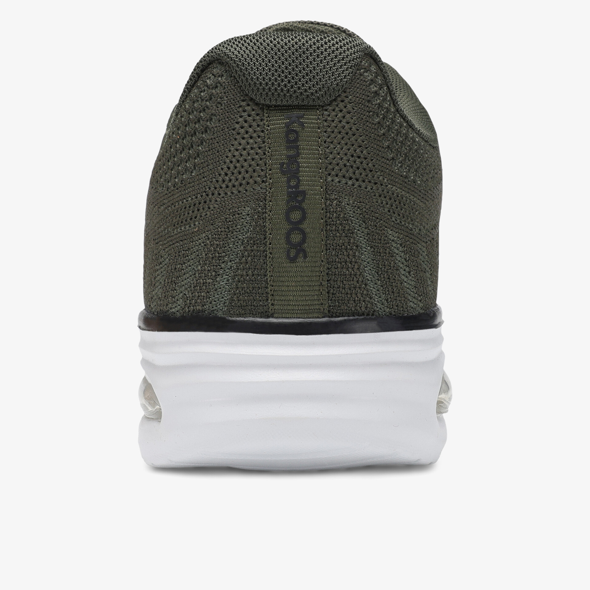 Rückansicht des Schuhs mit robustem Fersenbereich und weißer flexibler Laufsohle