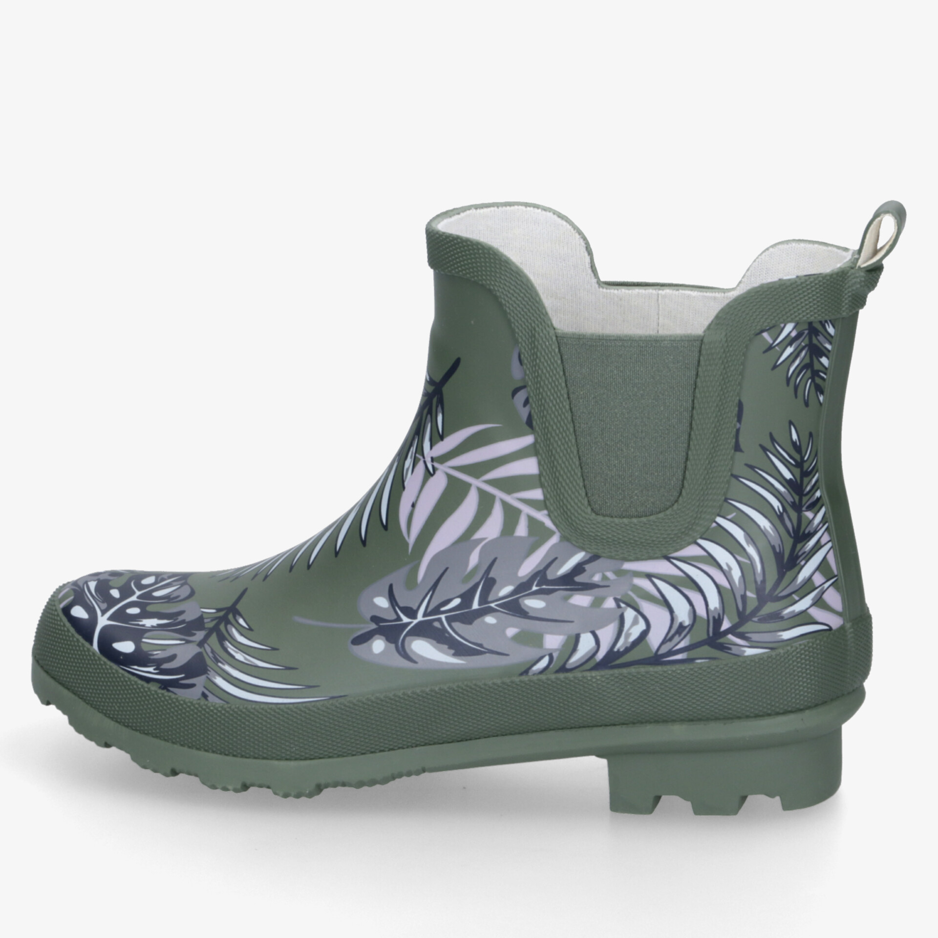 Grüner Regenstiefel mit Blattmuster in klarer Seitenansicht, robust und wasserdicht mit rutschfester Sohle