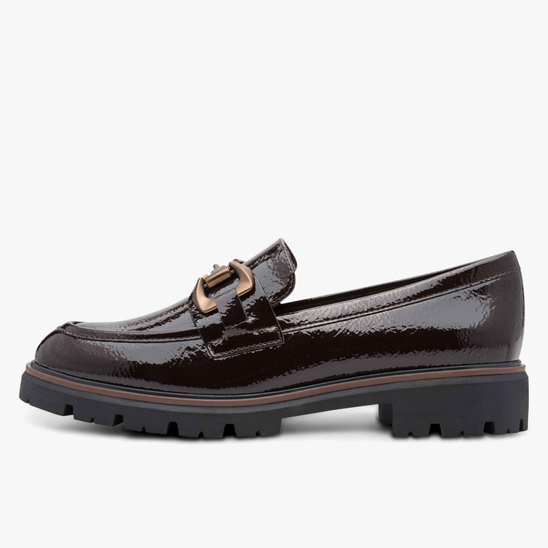 Seitliche Ansicht eines eleganten, glänzenden Loafers mit robuster, rutschfester Laufsohle und bequemer Passform