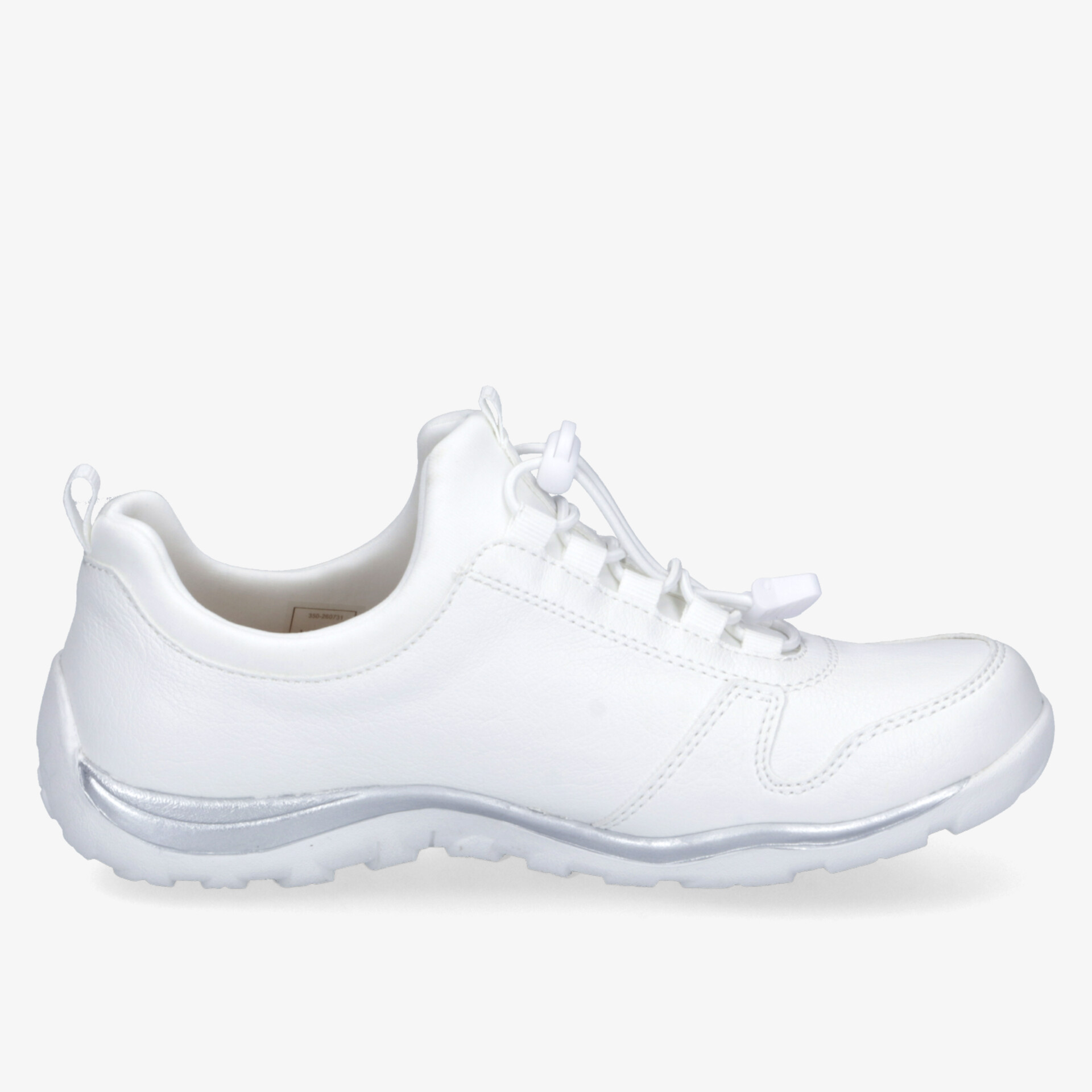 Leichter weißer Sportschuh mit bequemer Passform und rutschfester Sohle in klarer Seitenansicht