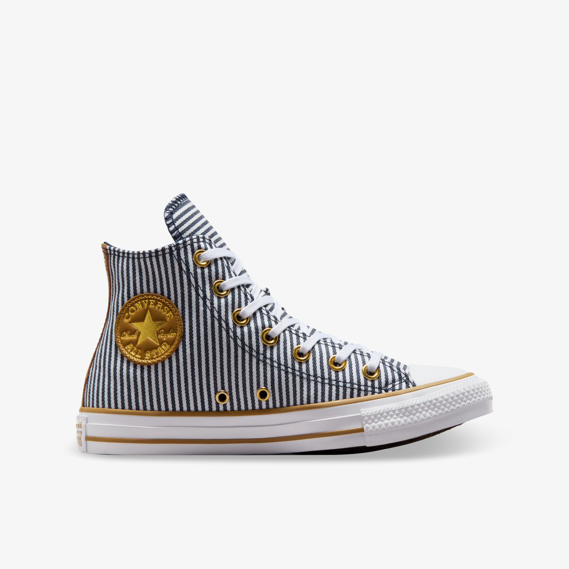Seitliche Ansicht eines gestreiften High-Top Sneakers mit robustem Design und bequemer Passform