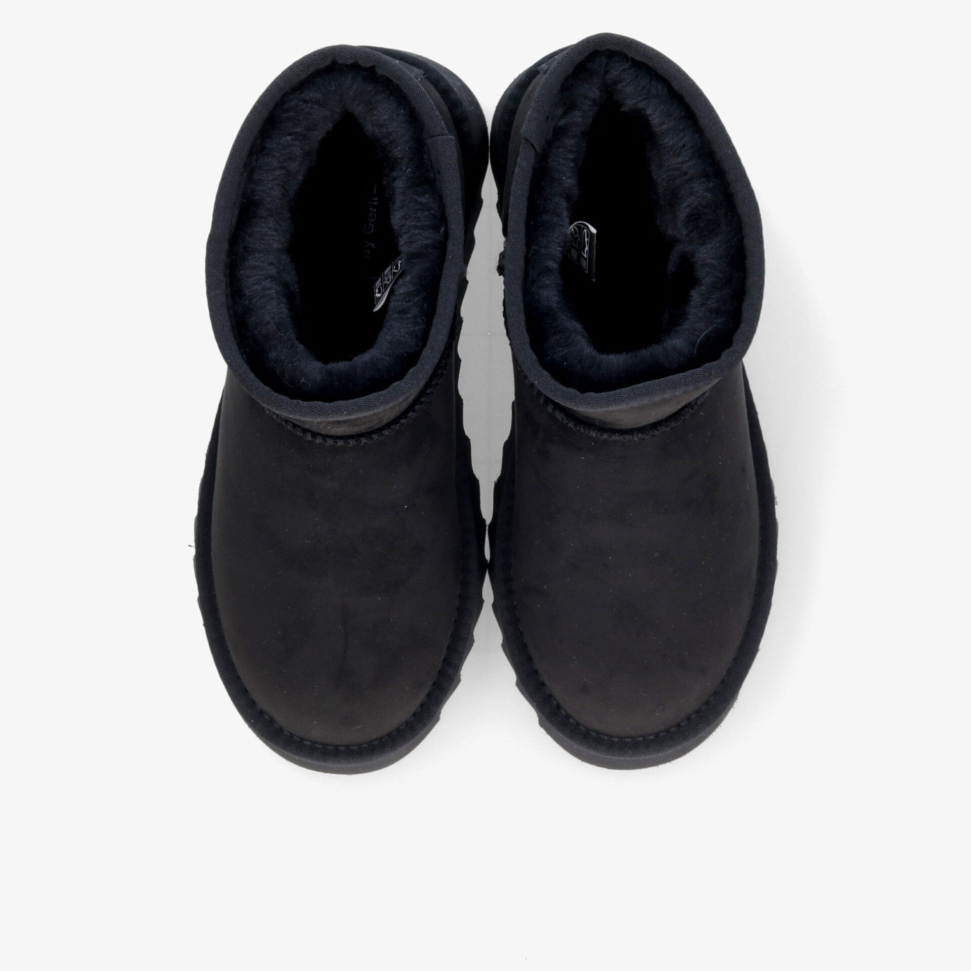 Schwarze halbhohe Stiefel mit warmer Innenfütterung und gepolstertem Kragen, bequem und rutschfest, Draufsicht Paar