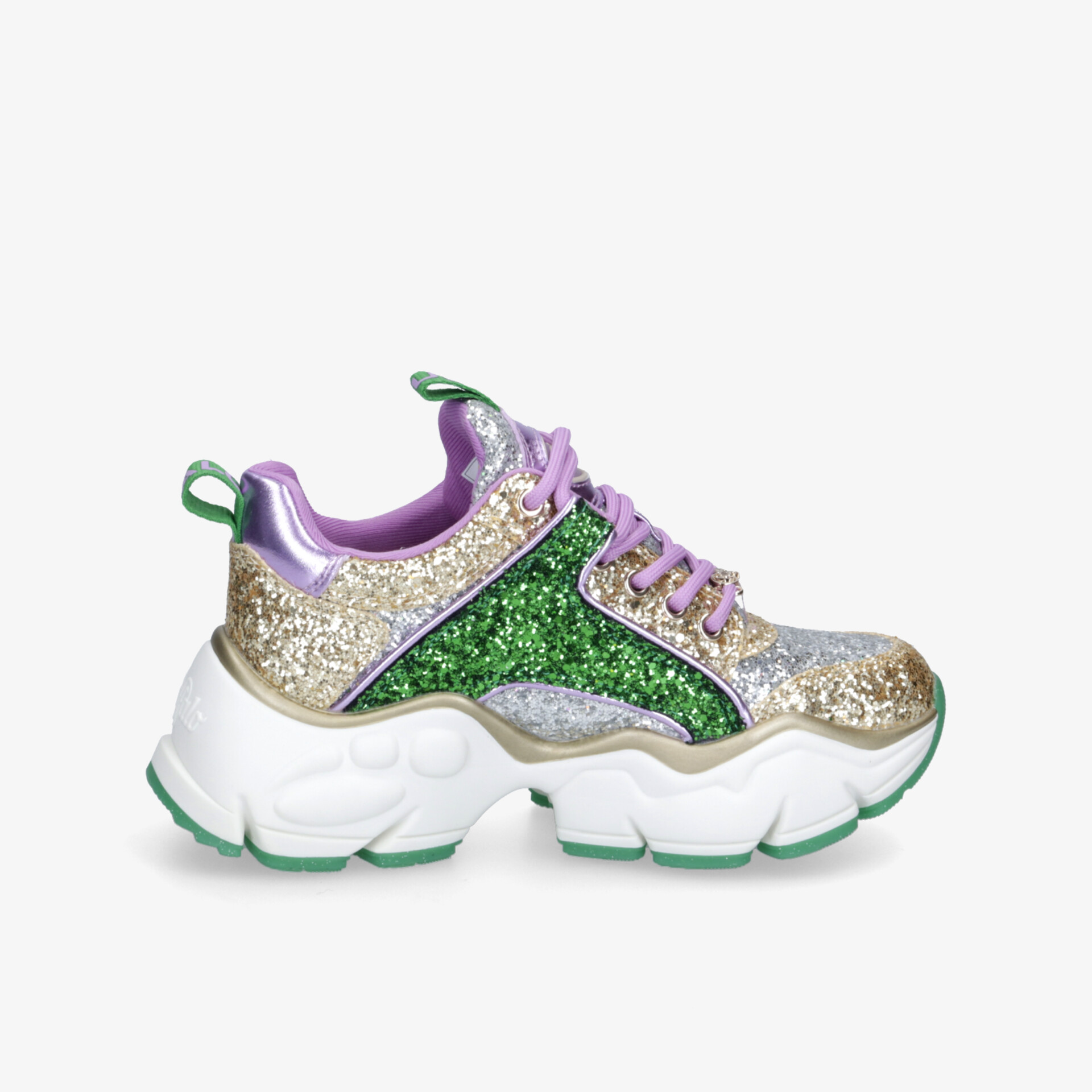 Glitzernder, klobiger Sneaker in Gold, Grün und Lila mit dicker Sohle. Modische Akzente für trendige Looks.