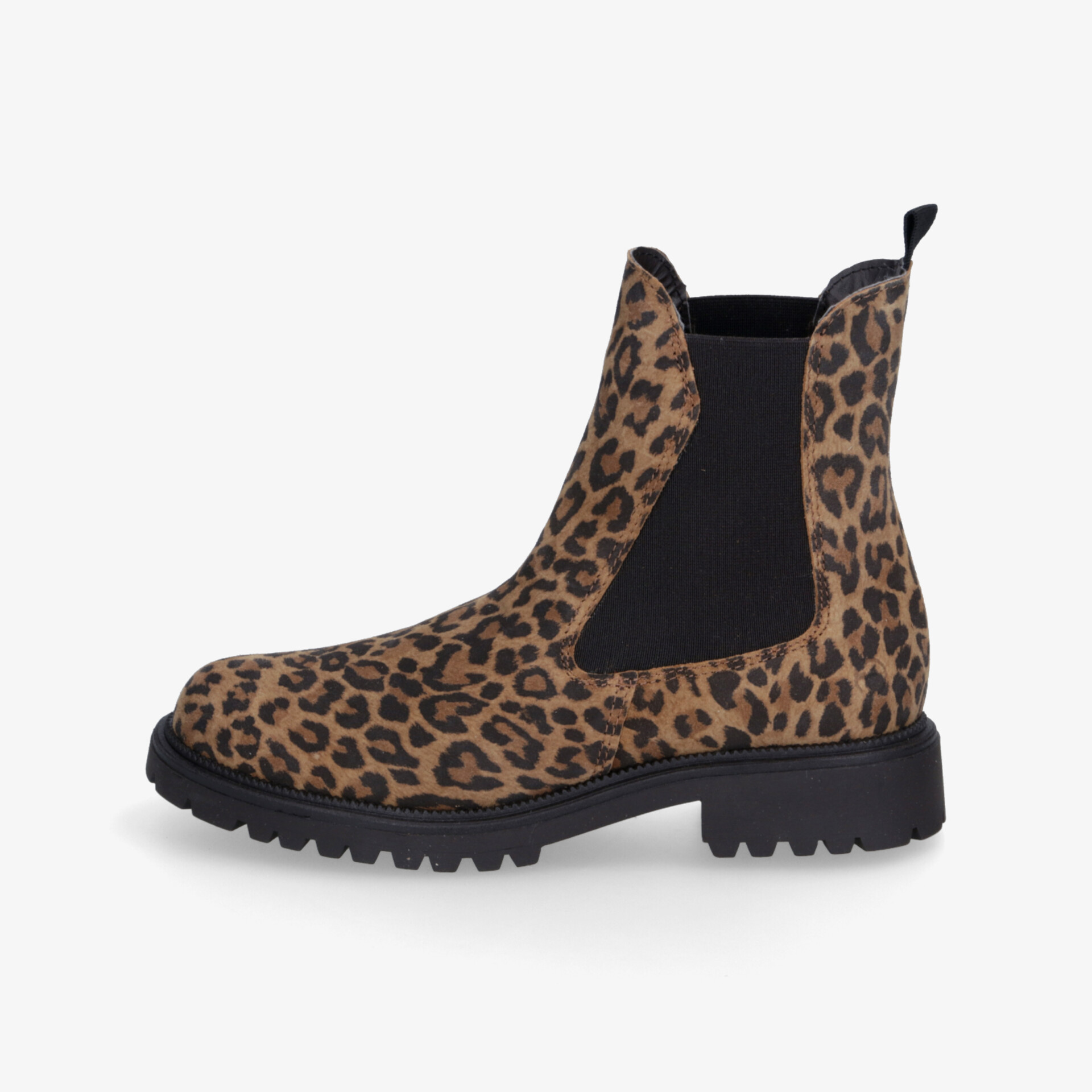 Seitliche Ansicht von Leopardenmuster Chelsea Boot mit robustem Profil, elastischem Einsatz und elegantem Design