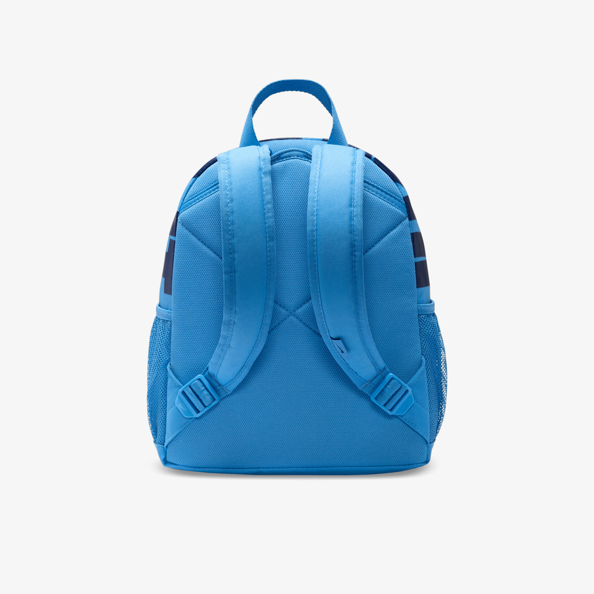 Blauer Rucksack mit gepolsterten Tragegurten und robustem Stoff in kompakter Größe von hinten