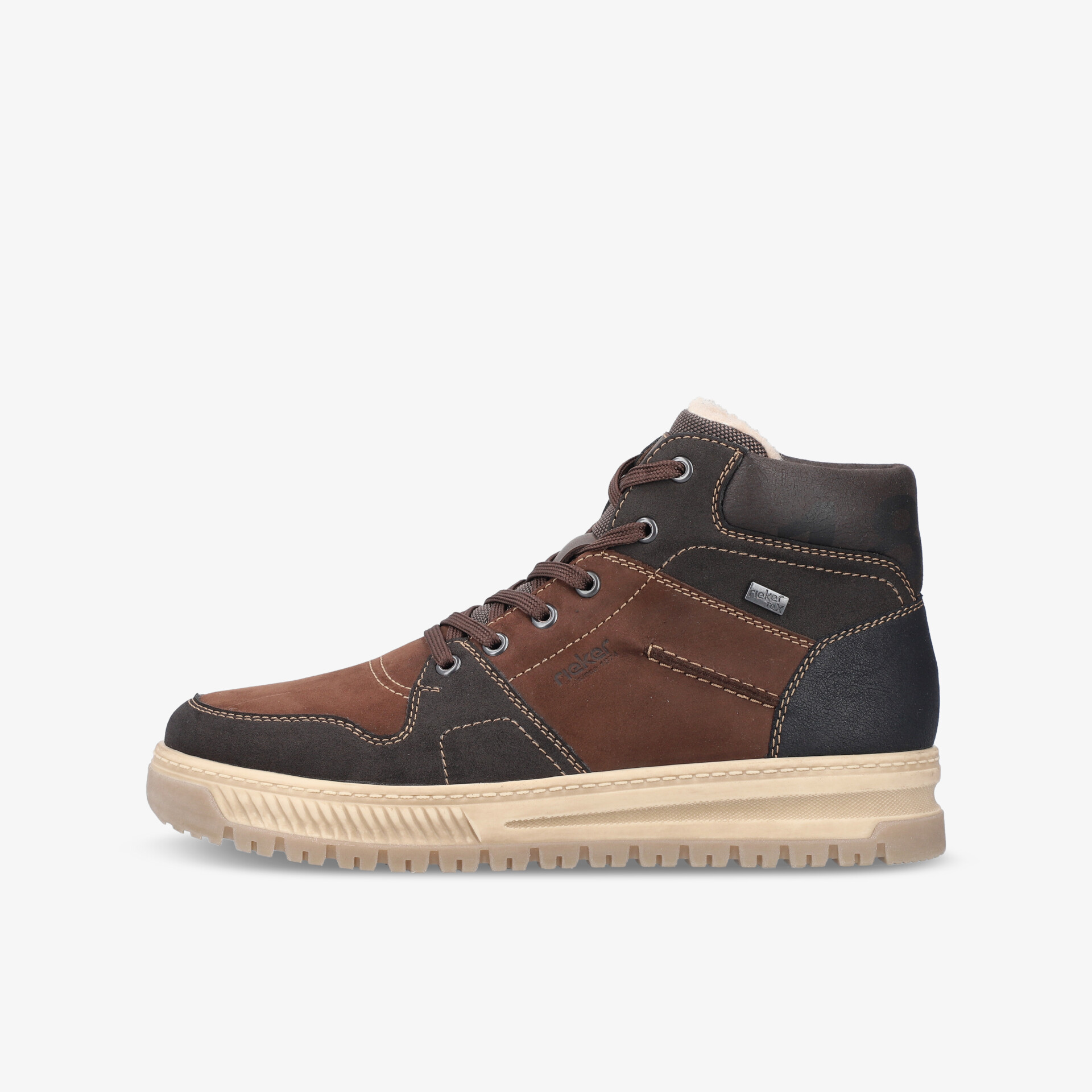 Robuster Sneaker mit hohem Tragekomfort und profilierter Sohle in moderner schwarzer und brauner Materialkombination