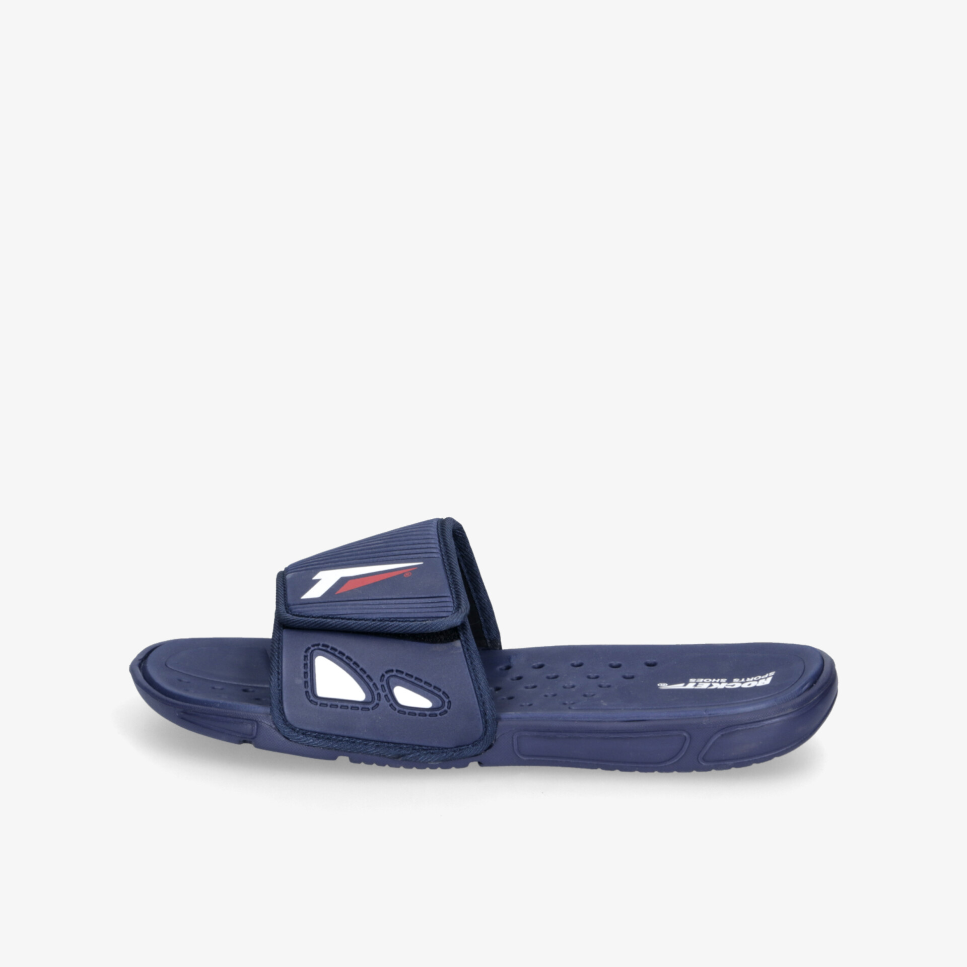 Sportlicher blauer Slide mit verstellbarem Riemen, komfortabler Sohle und rutschfester Struktur