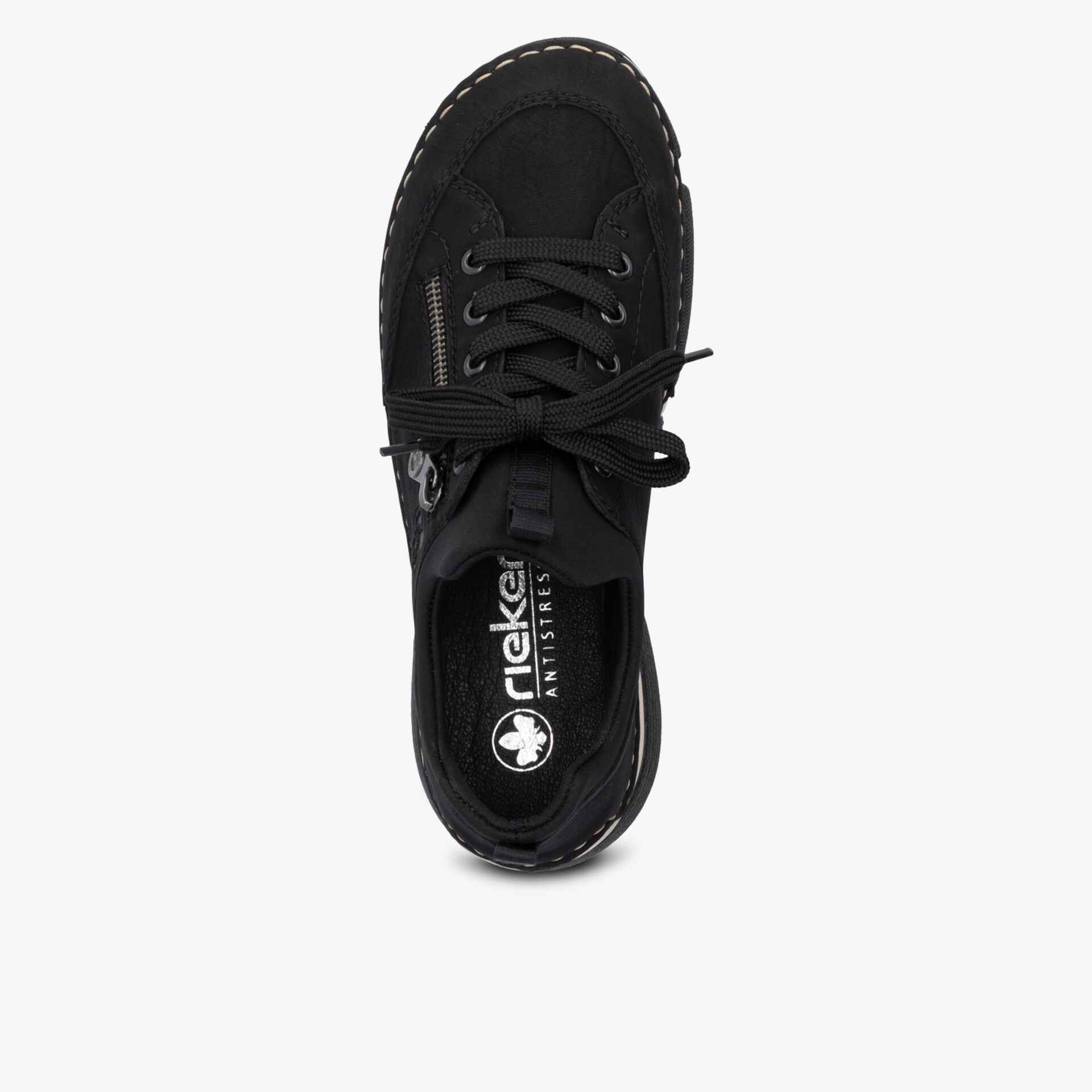 Schwarz Schnürschuh von oben, angenehm zu tragen, robuste Sohle.