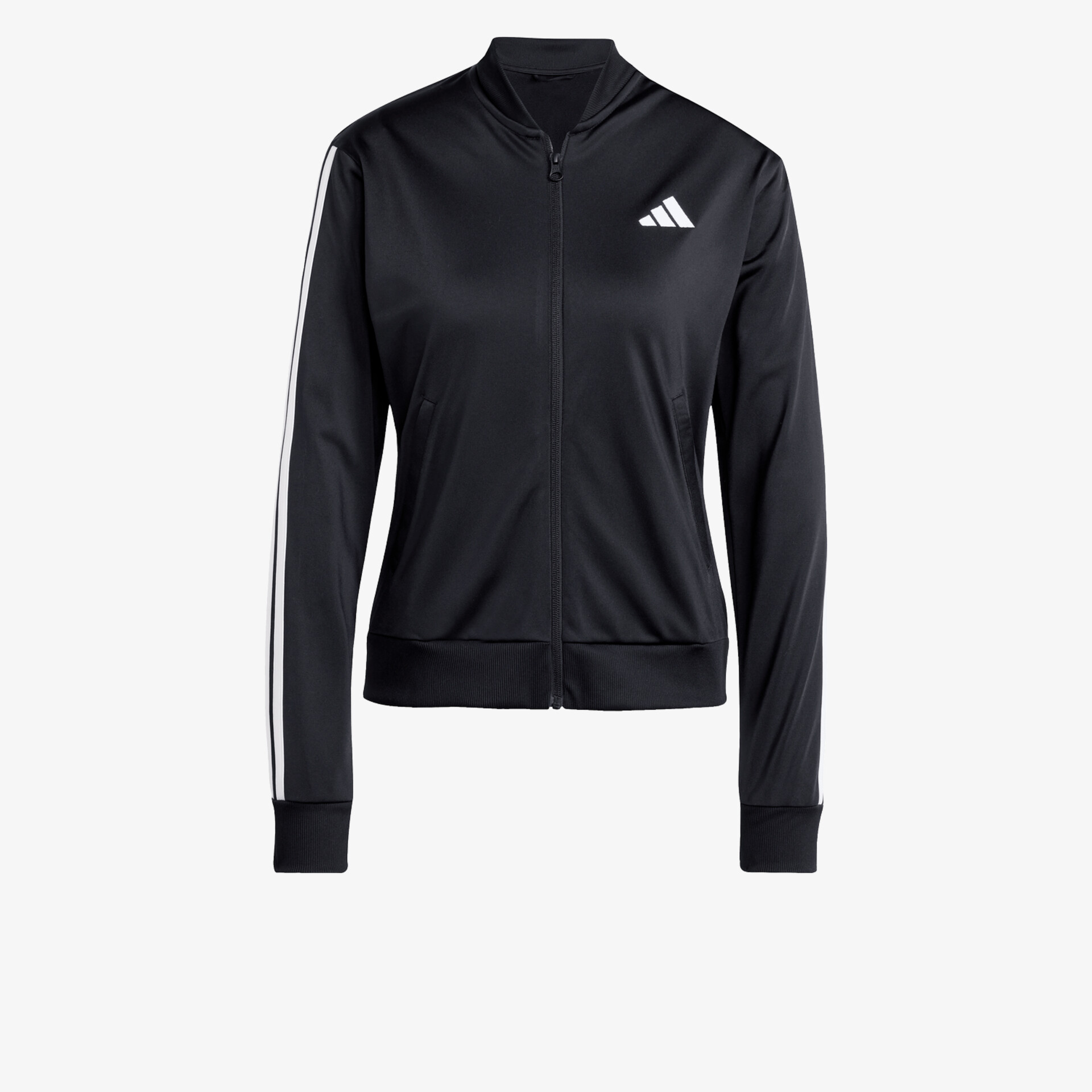 Schwarze Sportjacke mit Reißverschluss und Stehkragen in moderner, leichter Passform mit weißen Streifen an Ärmeln