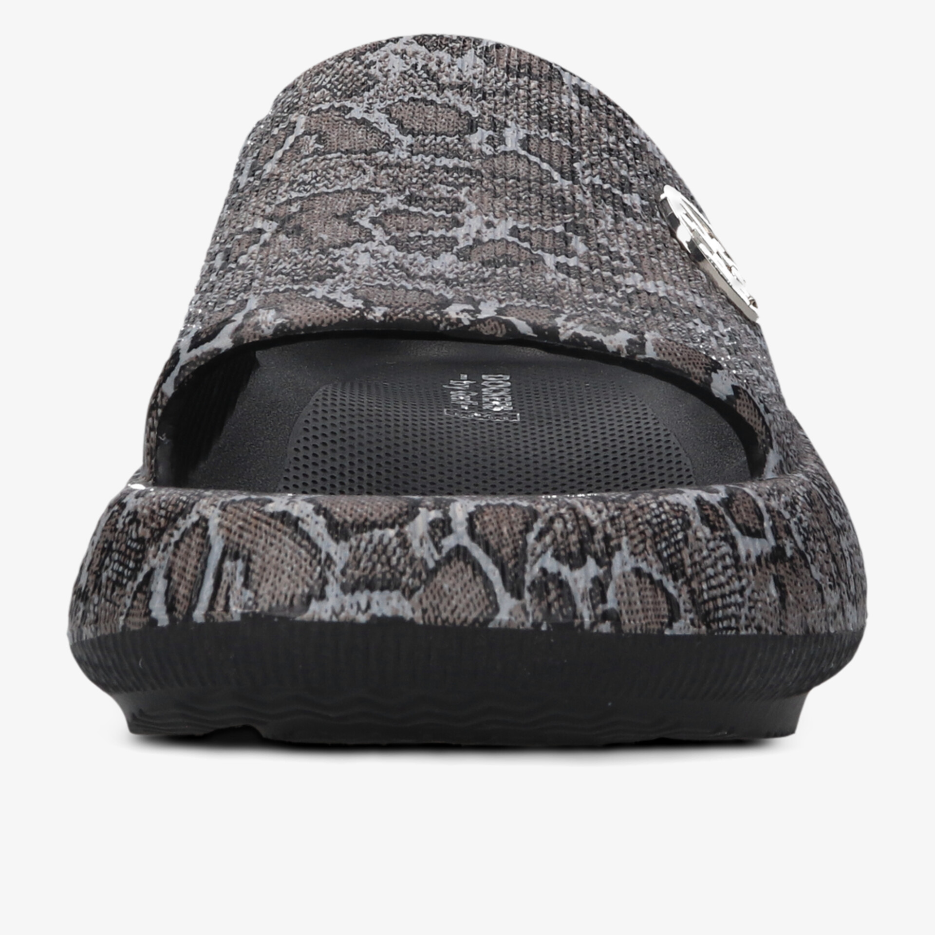 Bequemer Schuh mit rutschfester Sohle und modischem Schlangenprint-Design in klarer Frontansicht