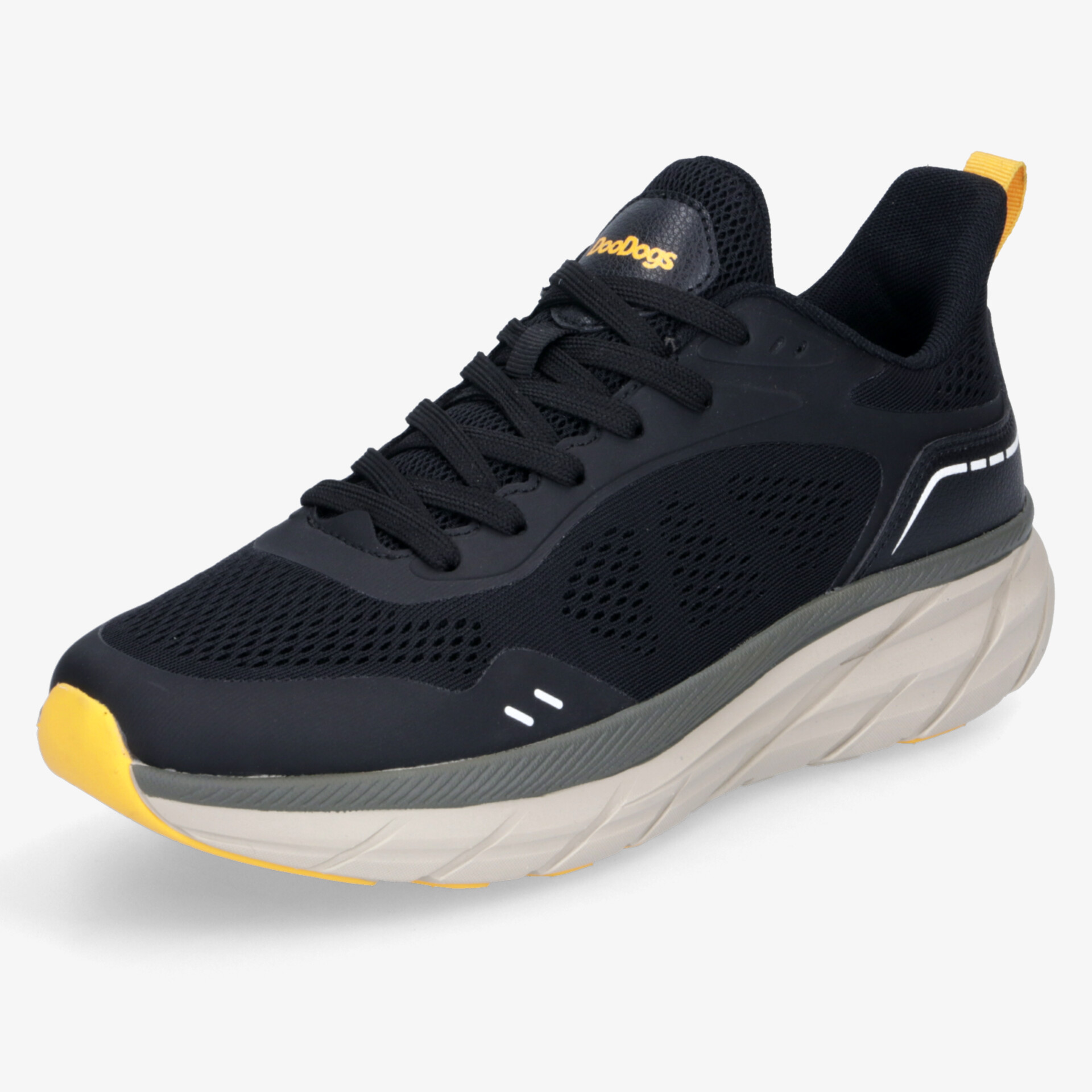 Sportlicher schwarzer Schuh mit gelben Akzenten, atmungsaktives Material und komfortable, flexible Sohle