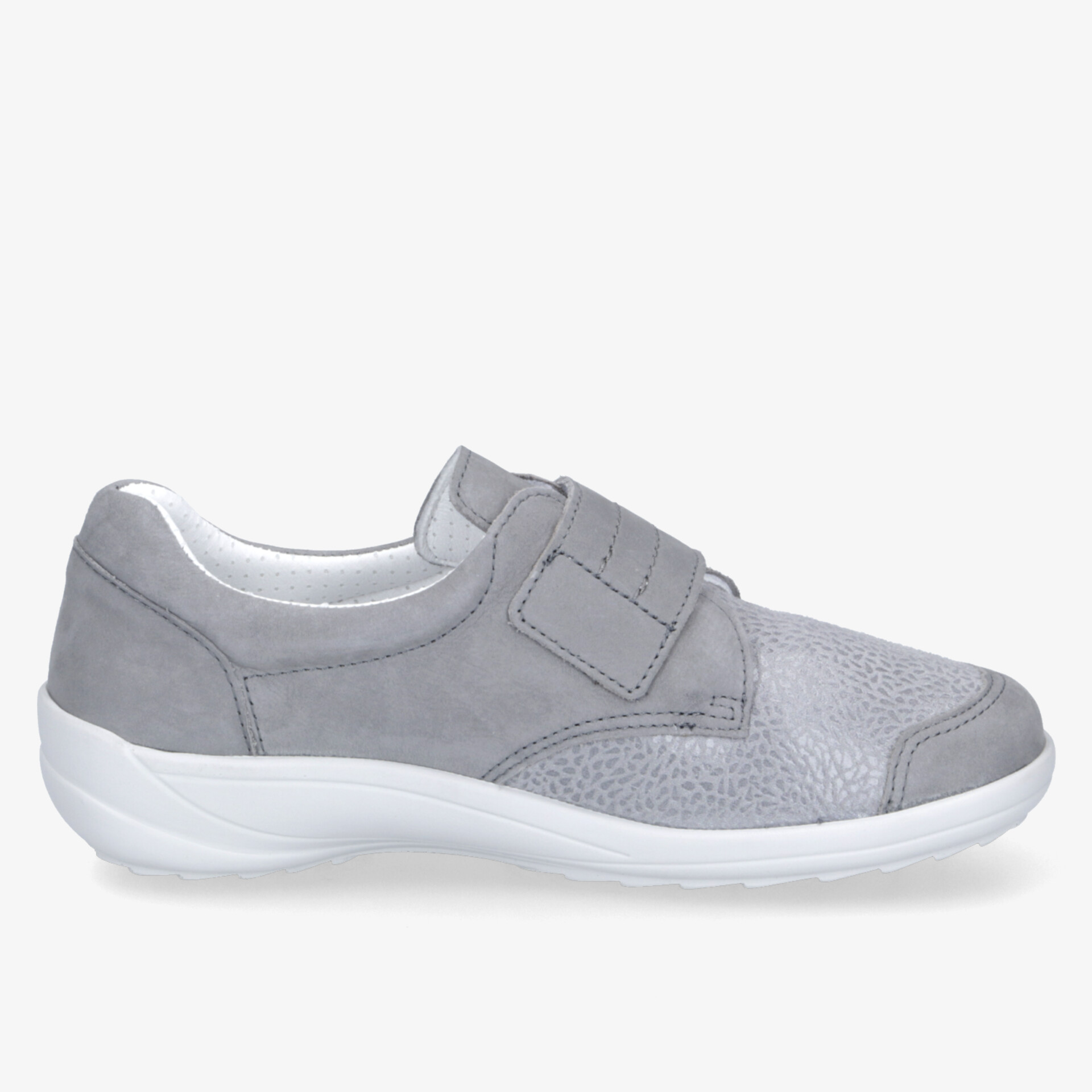 Bequemer grauer Sneaker mit Klettverschluss, weichem Material und rutschfester Sohle für optimalen Tragekomfort