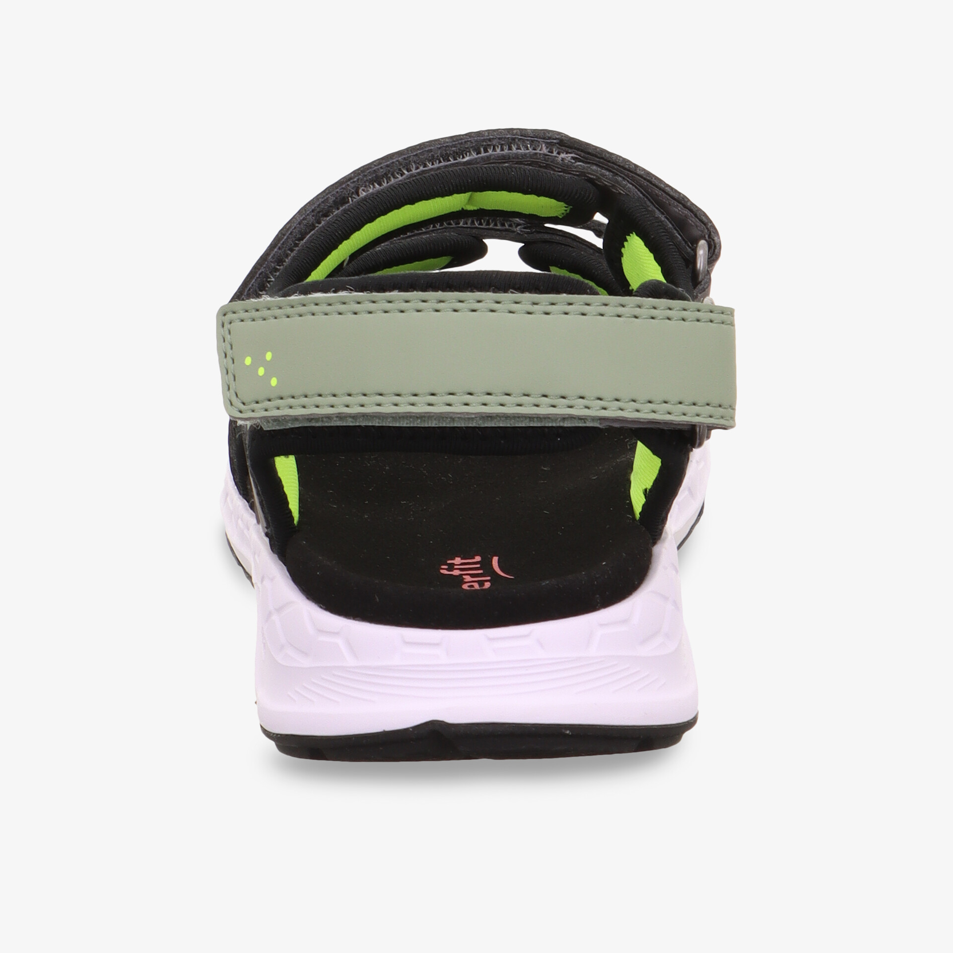 Rückansicht einer bequemen Sandale mit verstellbarem Klettverschluss und gepolsterter Sohle