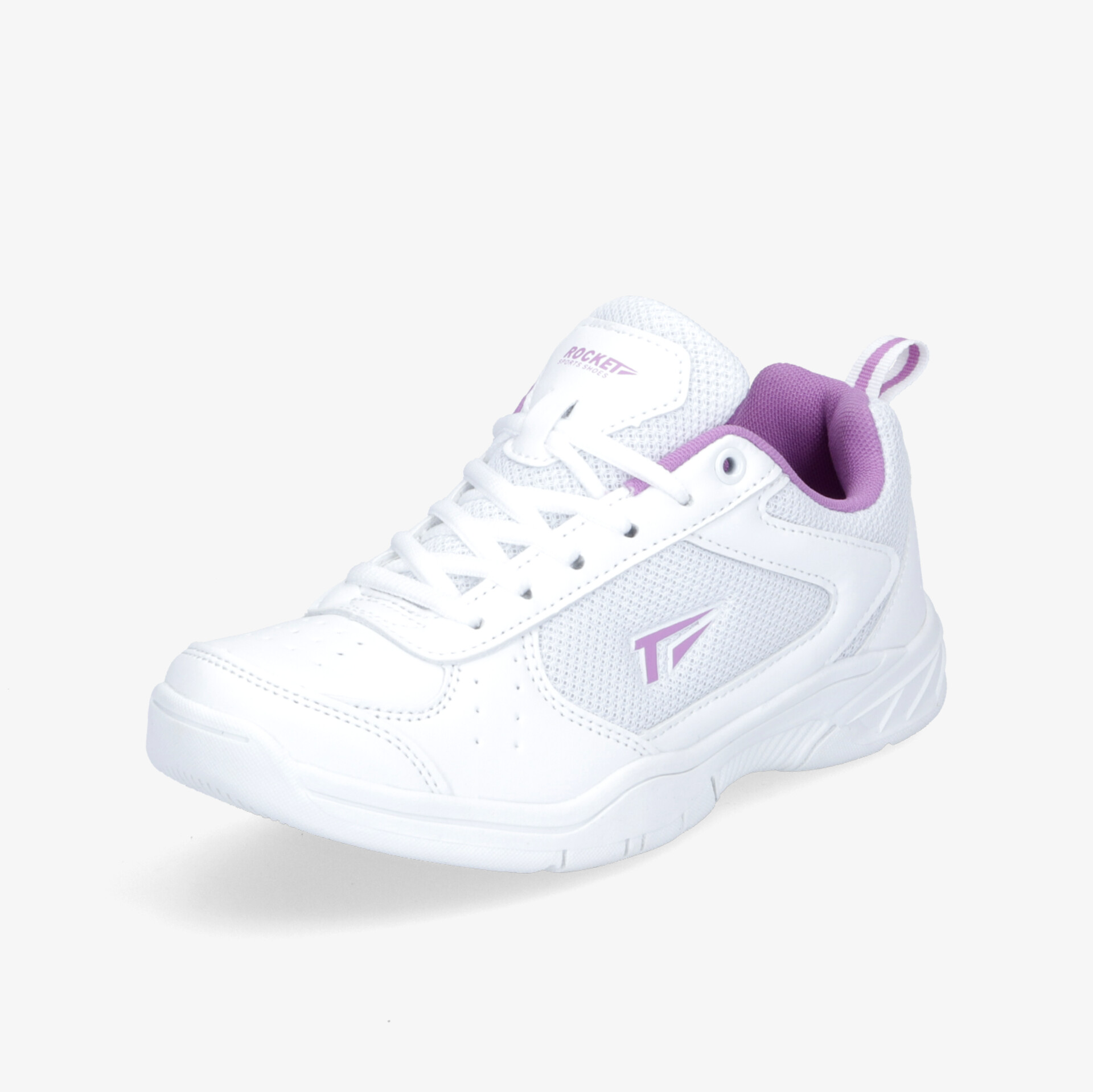 Moderner weißer Sportschuh mit lila Akzenten, komfortabel und stilvoll; ideal für sportliche Aktivitäten.