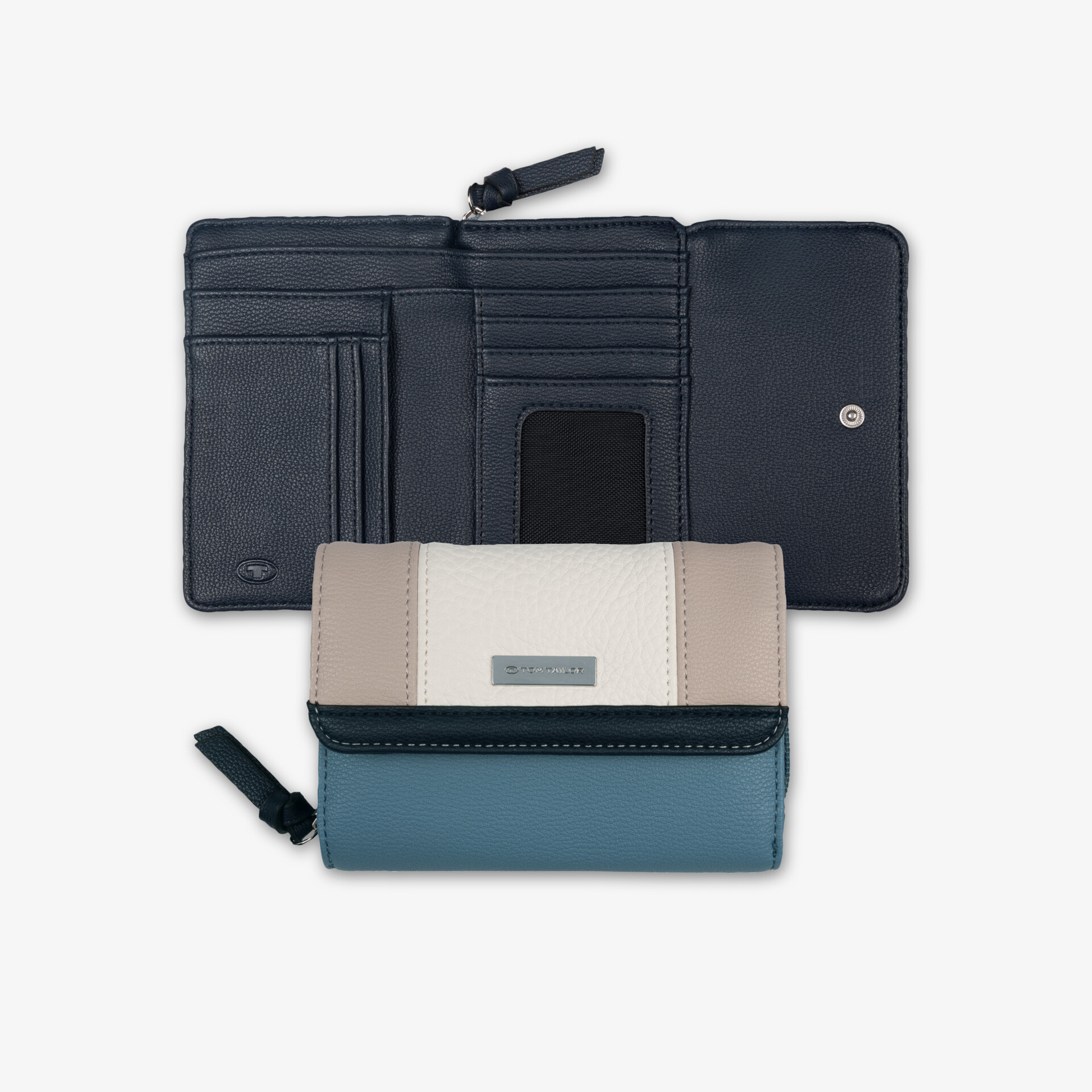 Elegante Geldbörse, offen und geschlossen, mit mehreren Kartenfächern und sicherem Druckknopfverschluss