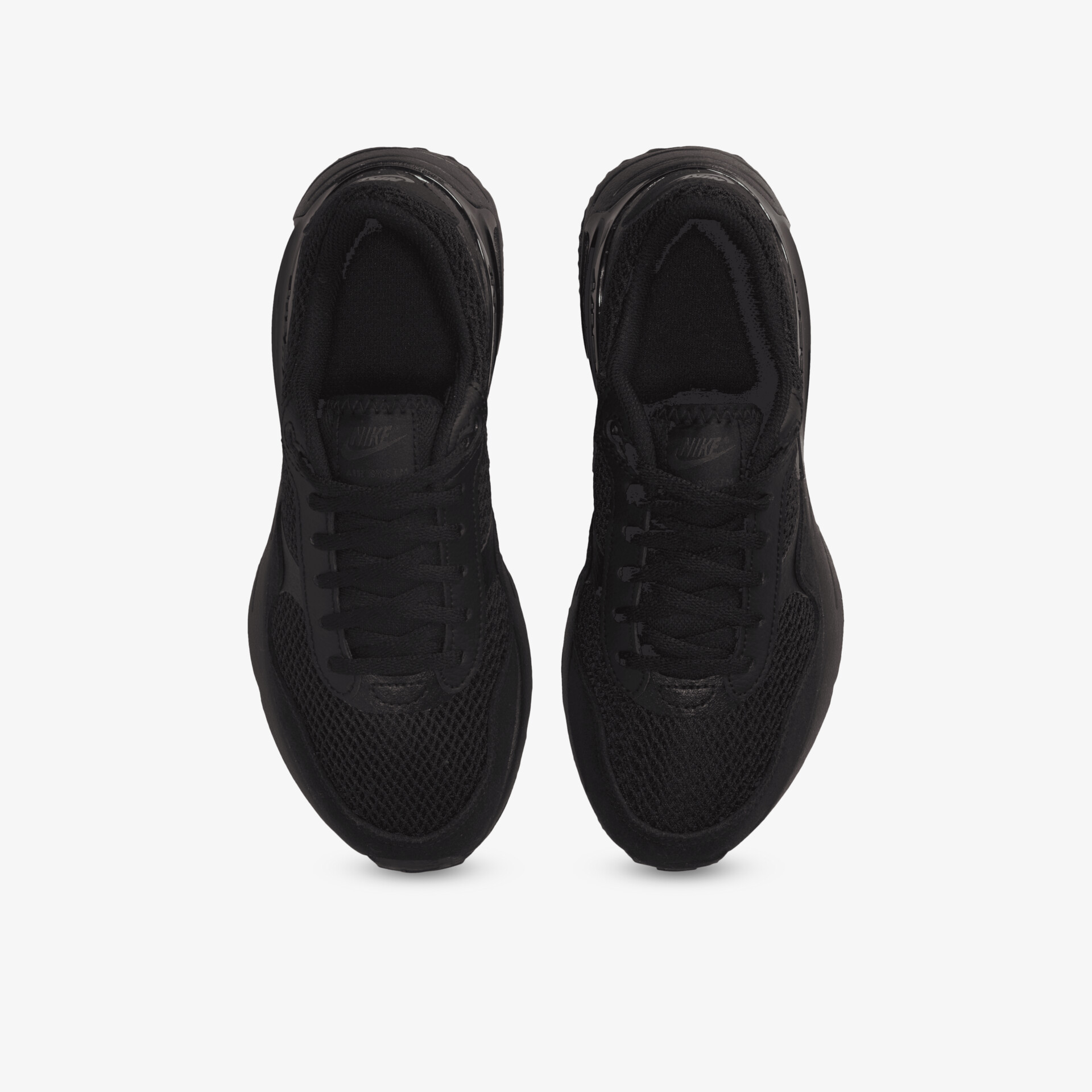 Schwarzes Sneaker-Paar von oben, sportlich und bequem mit gepolsterter Innensohle und robuster Schnürung