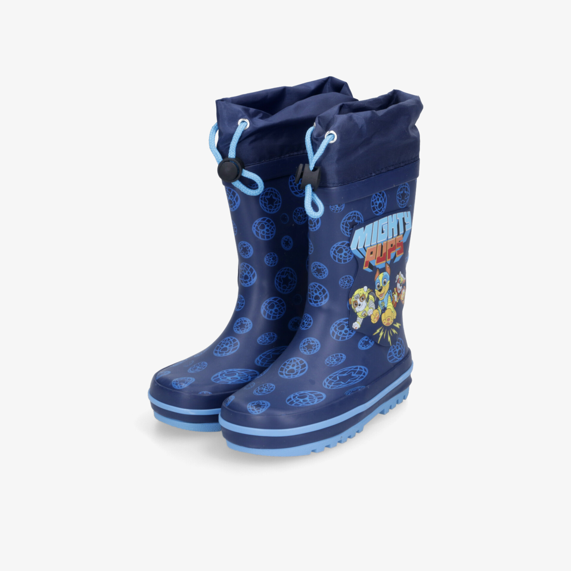 Blau hohe Gummistiefel mit buntem Kindermotiv, rutschfeste Sohle und verstellbarem Verschluss oben