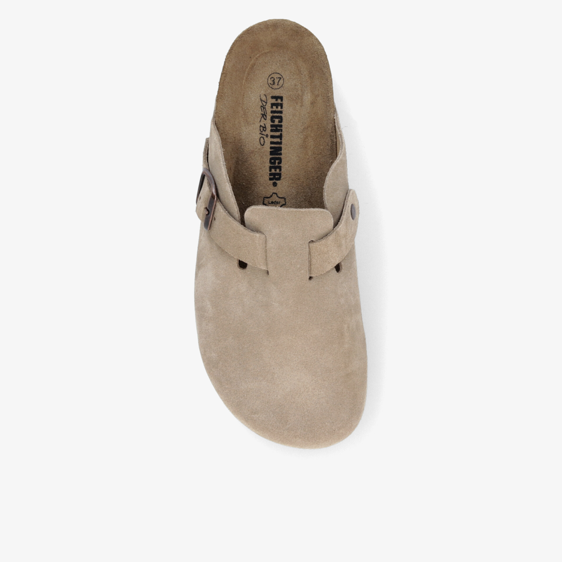 Beiger bequemer Slipper aus weichem Material mit verstellbarem Riemen, entspannter leichter Komfort, Draufsicht