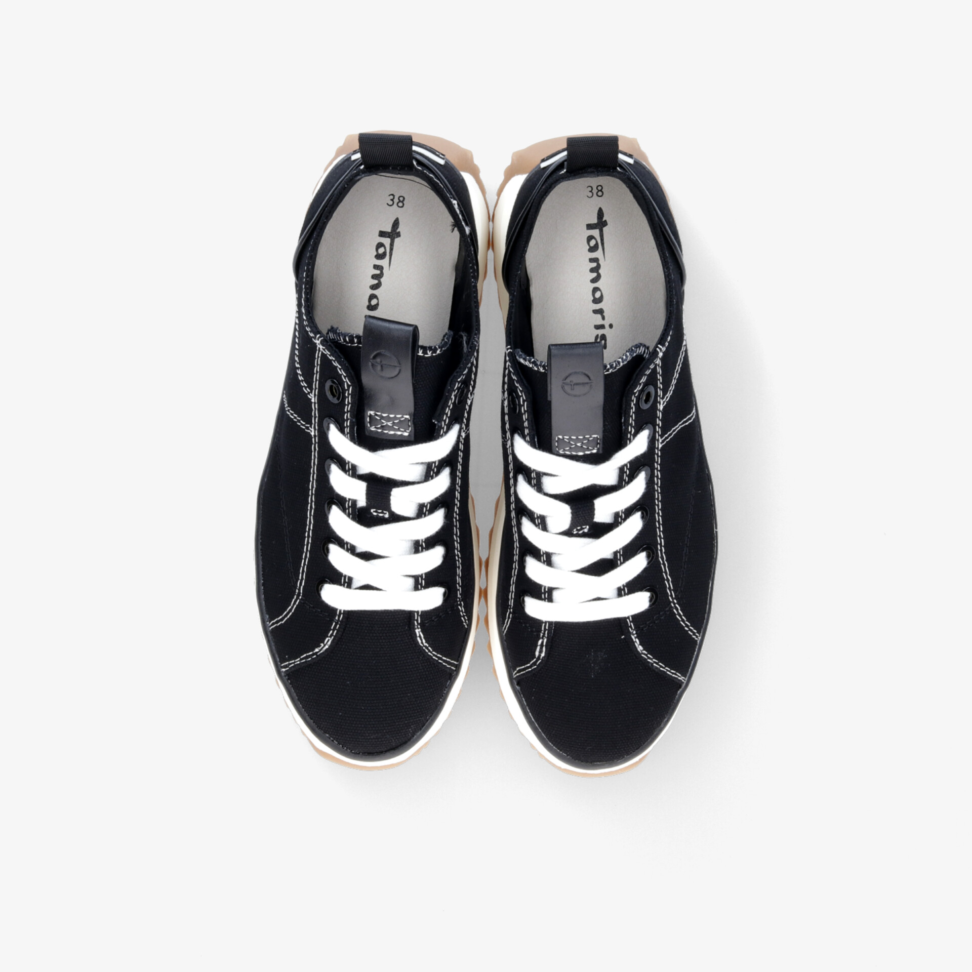 Schwarze Sneaker mit weißen Schnürsenkeln, komfortables und modisches Design, robuste und bequeme Schuhe