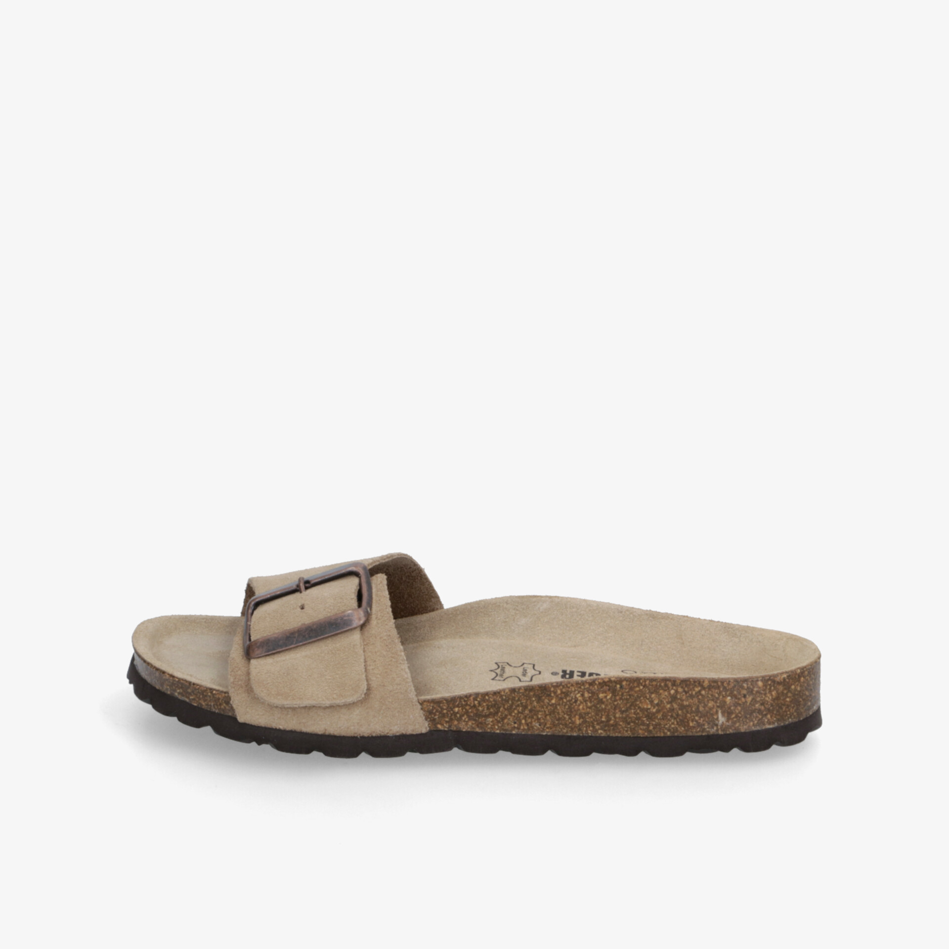 Bequeme Sandale mit verstellbarer Schnalle, weichem Fußbett und rutschfester Sohle in natürlicher Farbe, seitliche Ansicht