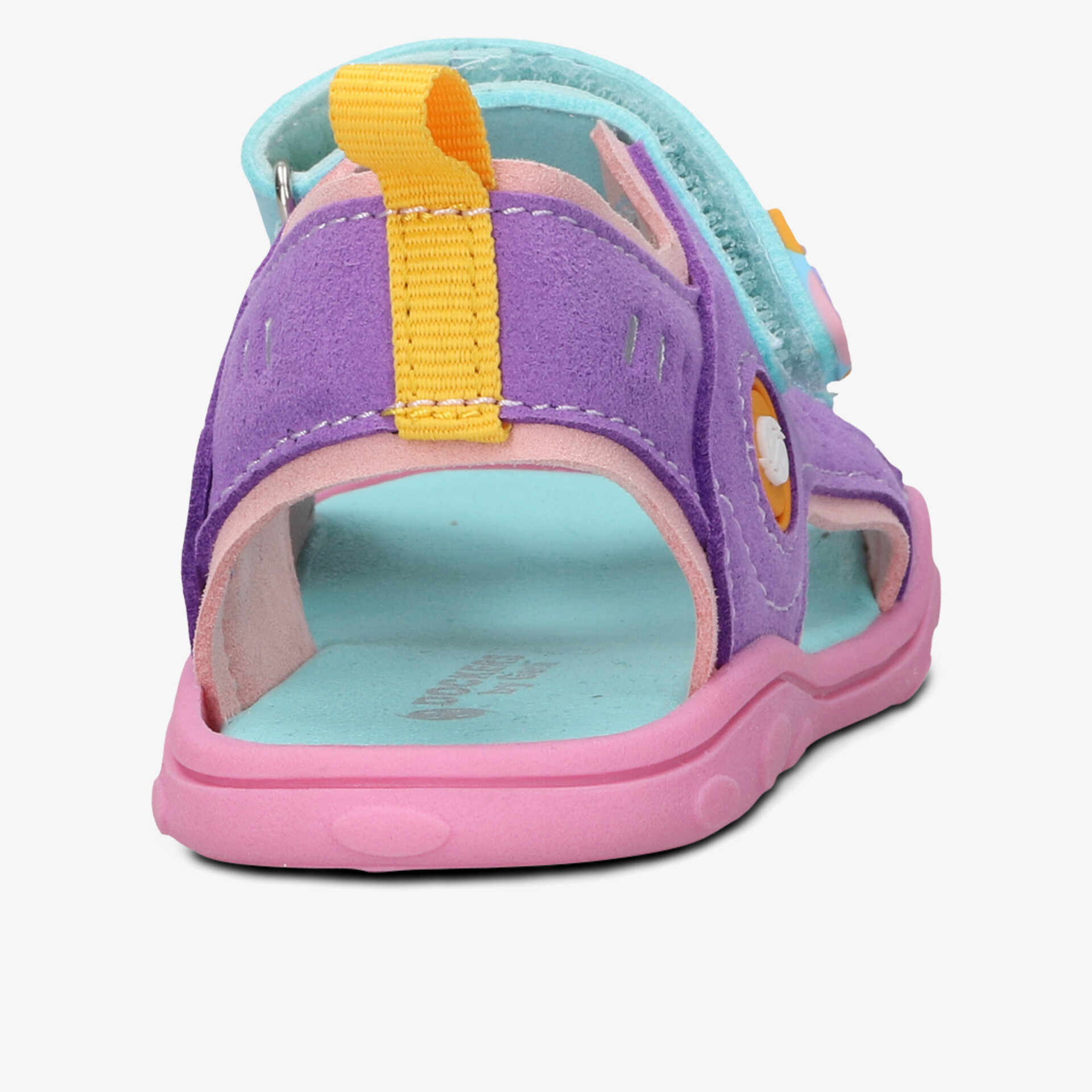 Rückansicht von farbenfrohem, bequemen Sandalen mit verstellbarem Klettverschluss und gepolsterter Innensohle