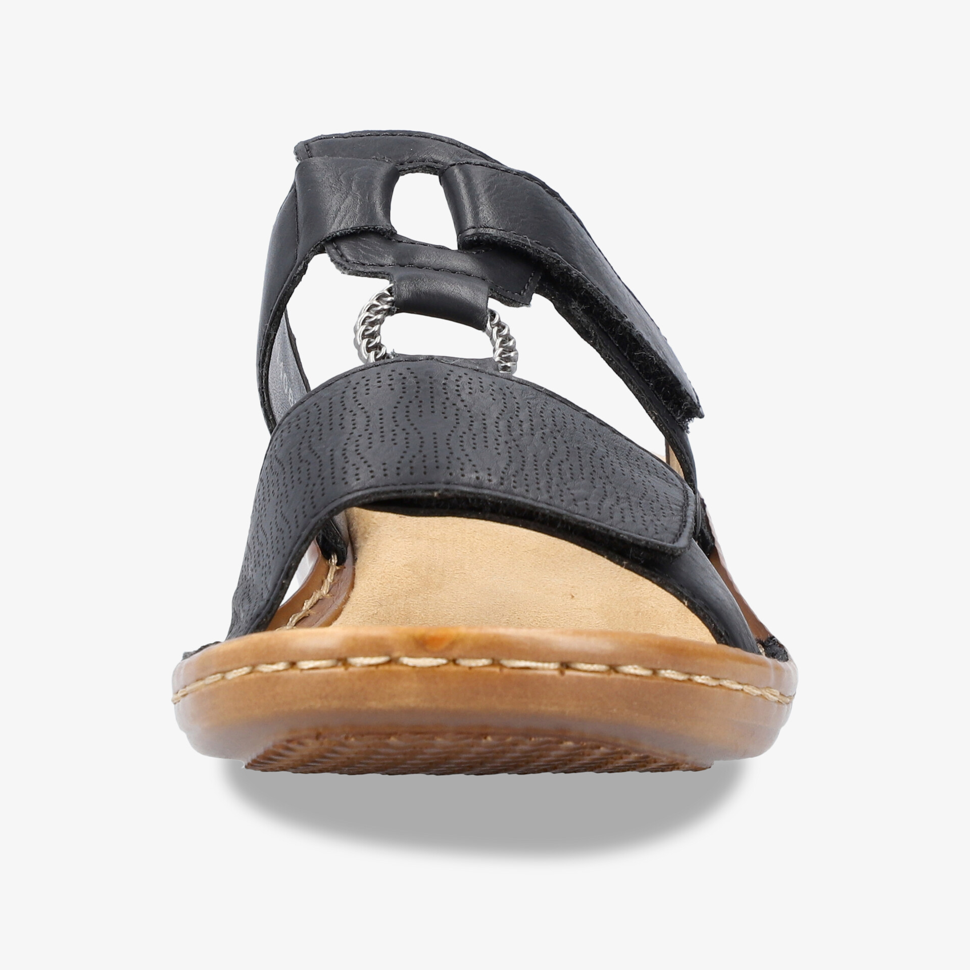 Schuh frontale Ansicht mit verstellbarem Riemen, weichem Fußbett und rutschfester flexibler Sohle