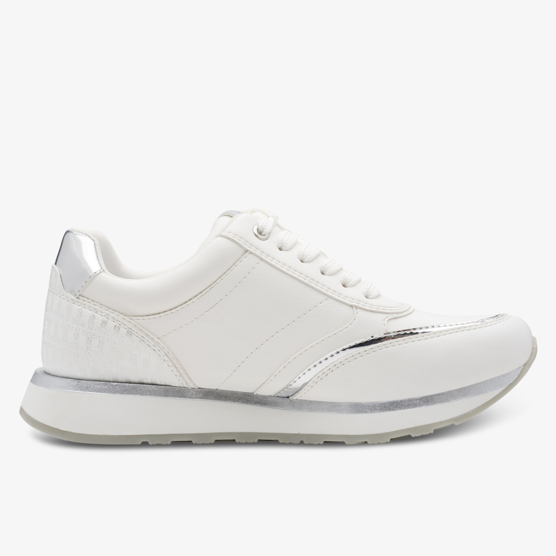 Moderner weißer Sneaker mit leichter Sohle und sportlichem, bequemem Design, seitliche Ansicht