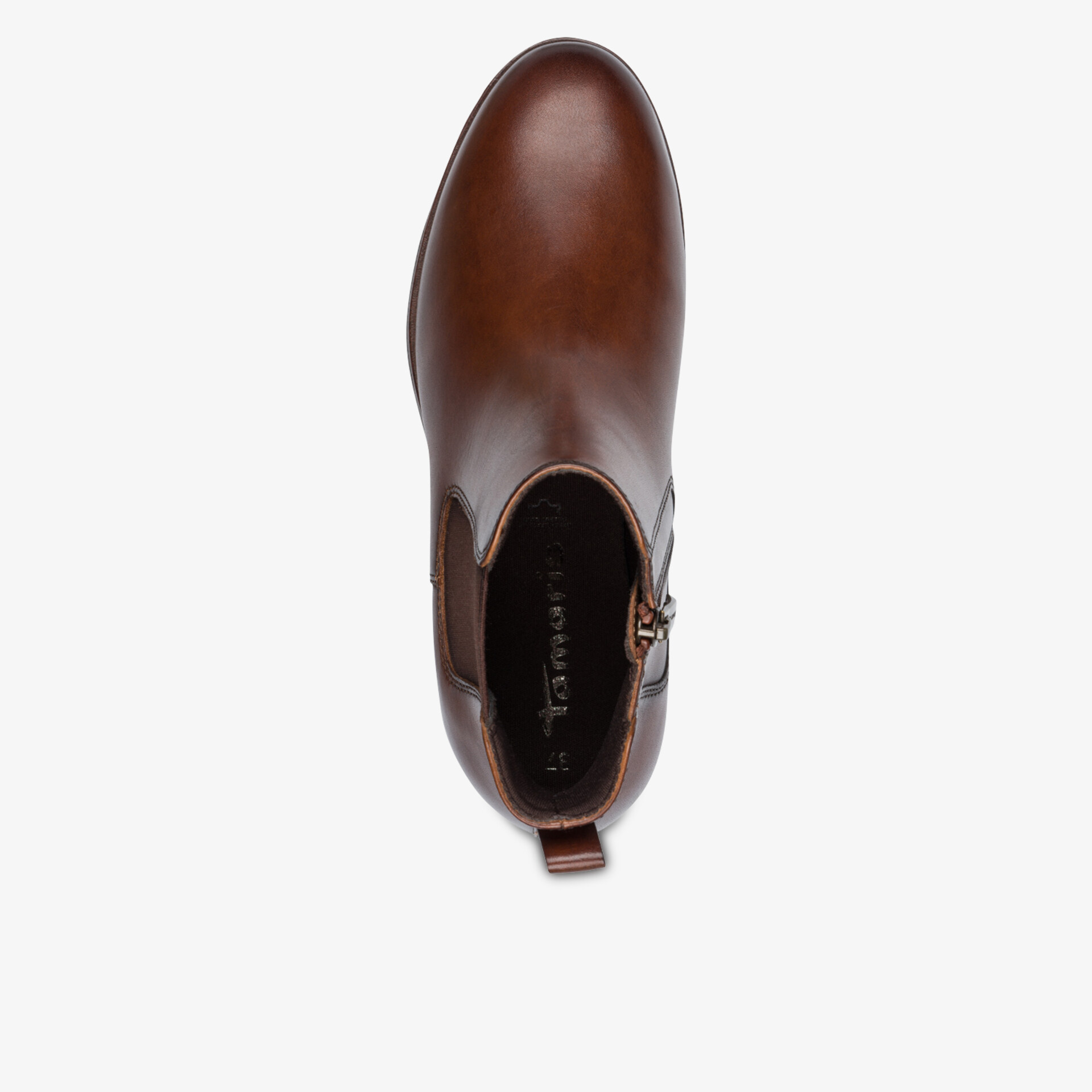 Elegante braune Lederstiefelette mit glattem Finish und seitlichem Reißverschluss, Draufsicht