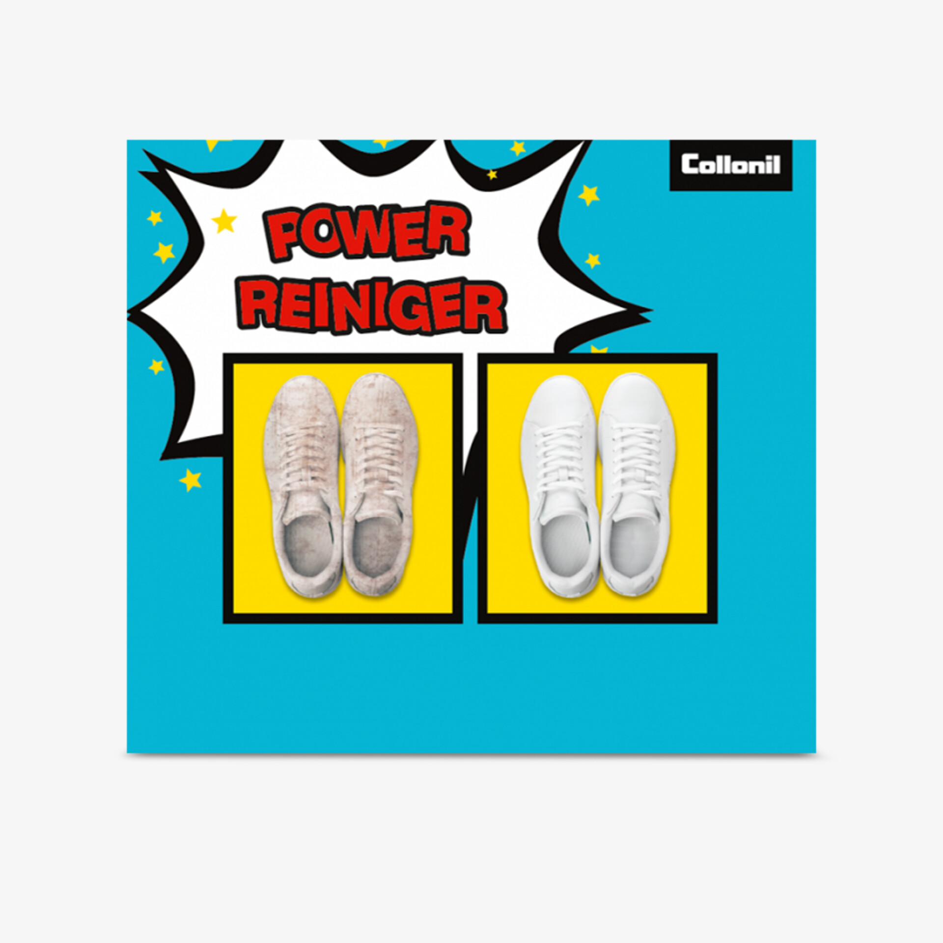 Power Reiniger im Vergleich: Vorher-Nachher Effekt auf weißen Sneakers demonstriert gründliche Reinigungskraft.