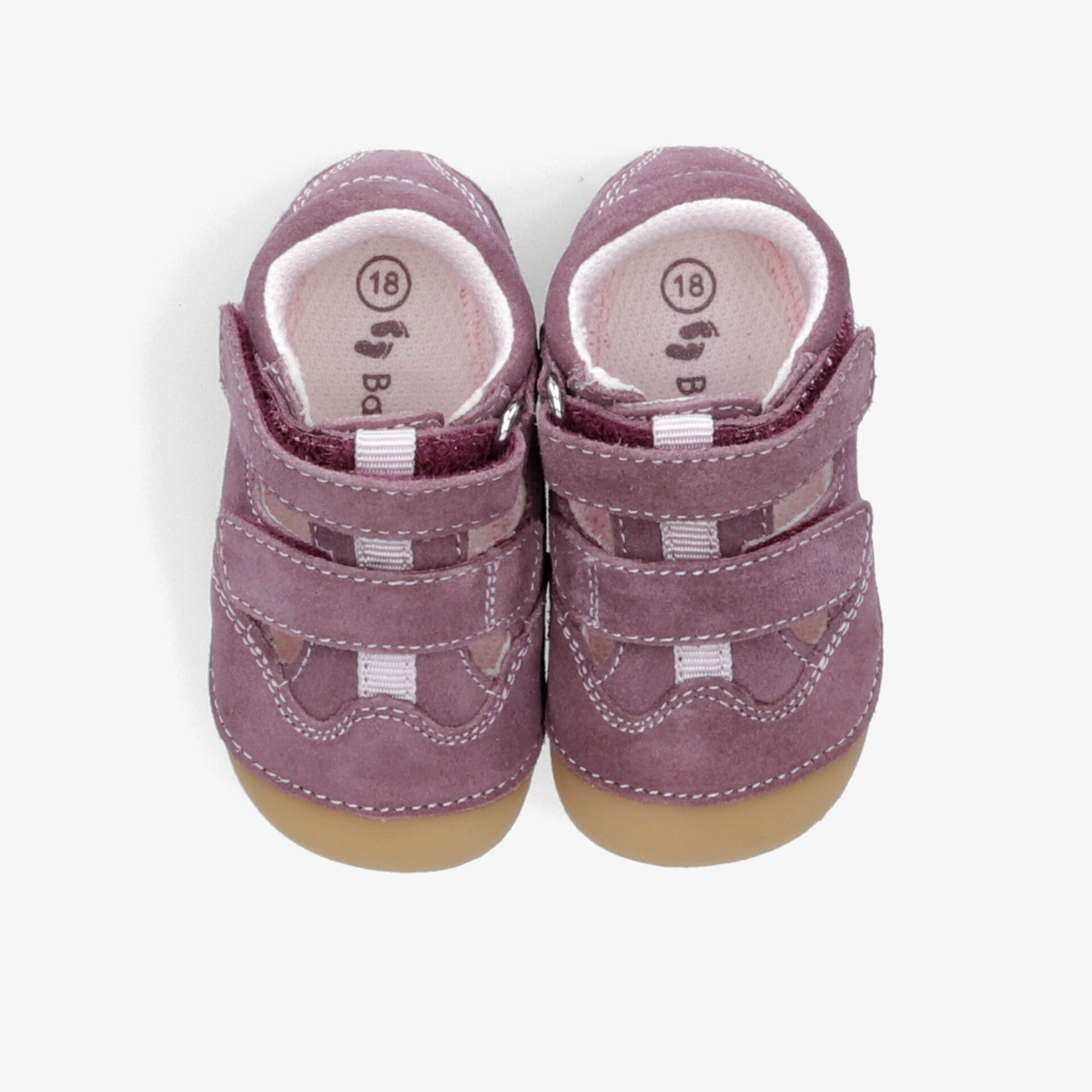 Weiche lilafarbene Kleinkindschuhe mit Klettverschluss, rutschfester Sohle und bequemer Passform, Paar von vorne