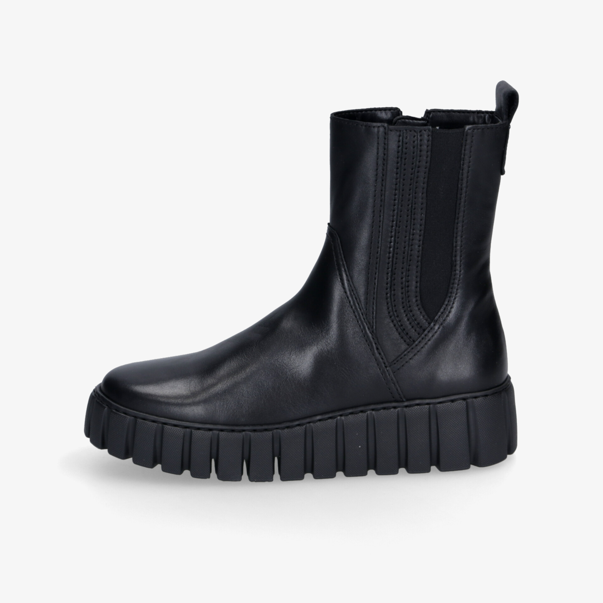 Schwarzer Plateau-Stiefel aus Leder mit elastischem Einsatz und rutschfester Sohle für bequemen Halt