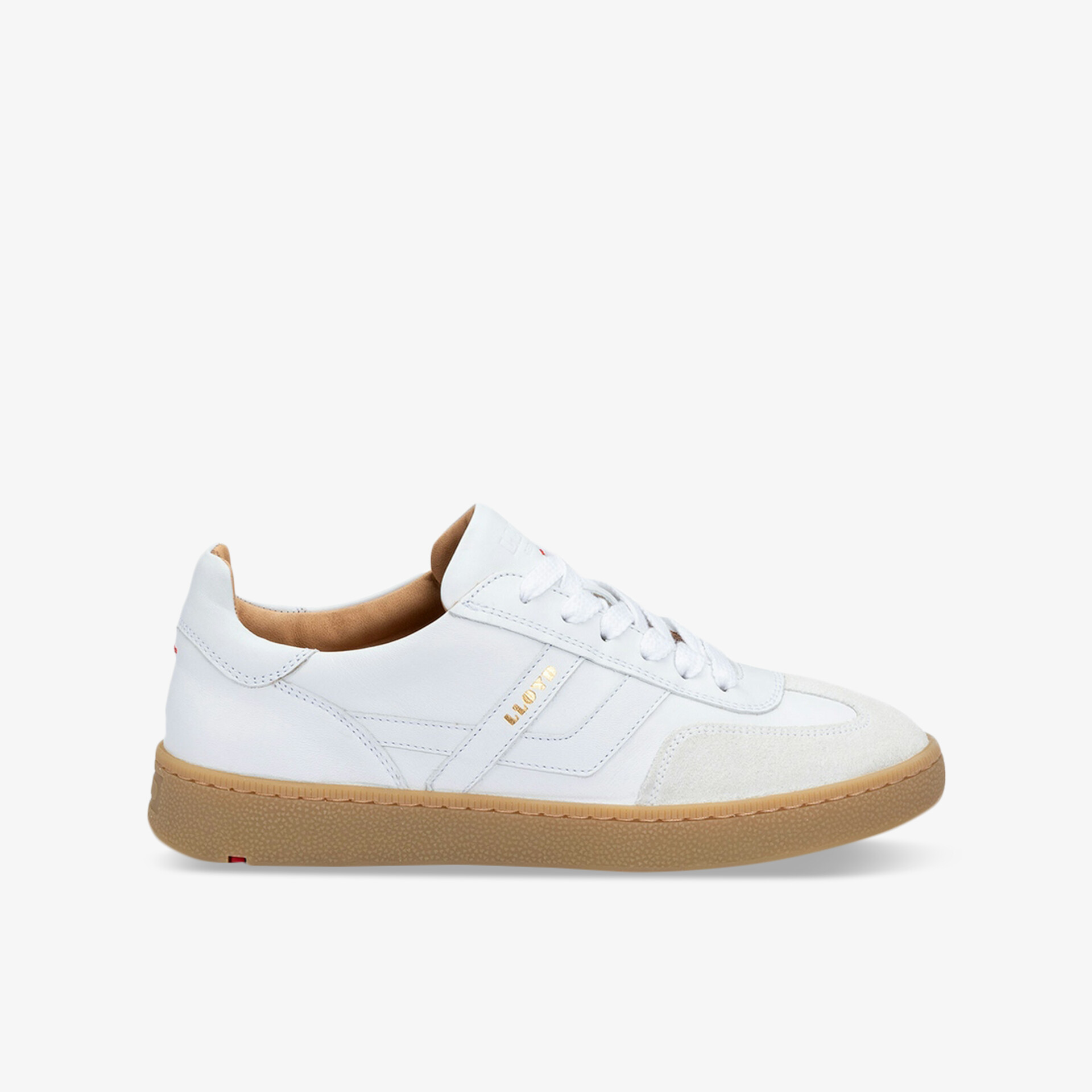 Weißer Ledersneaker mit beiger Gummisohle, sportlich und bequem, ideal für den Alltag