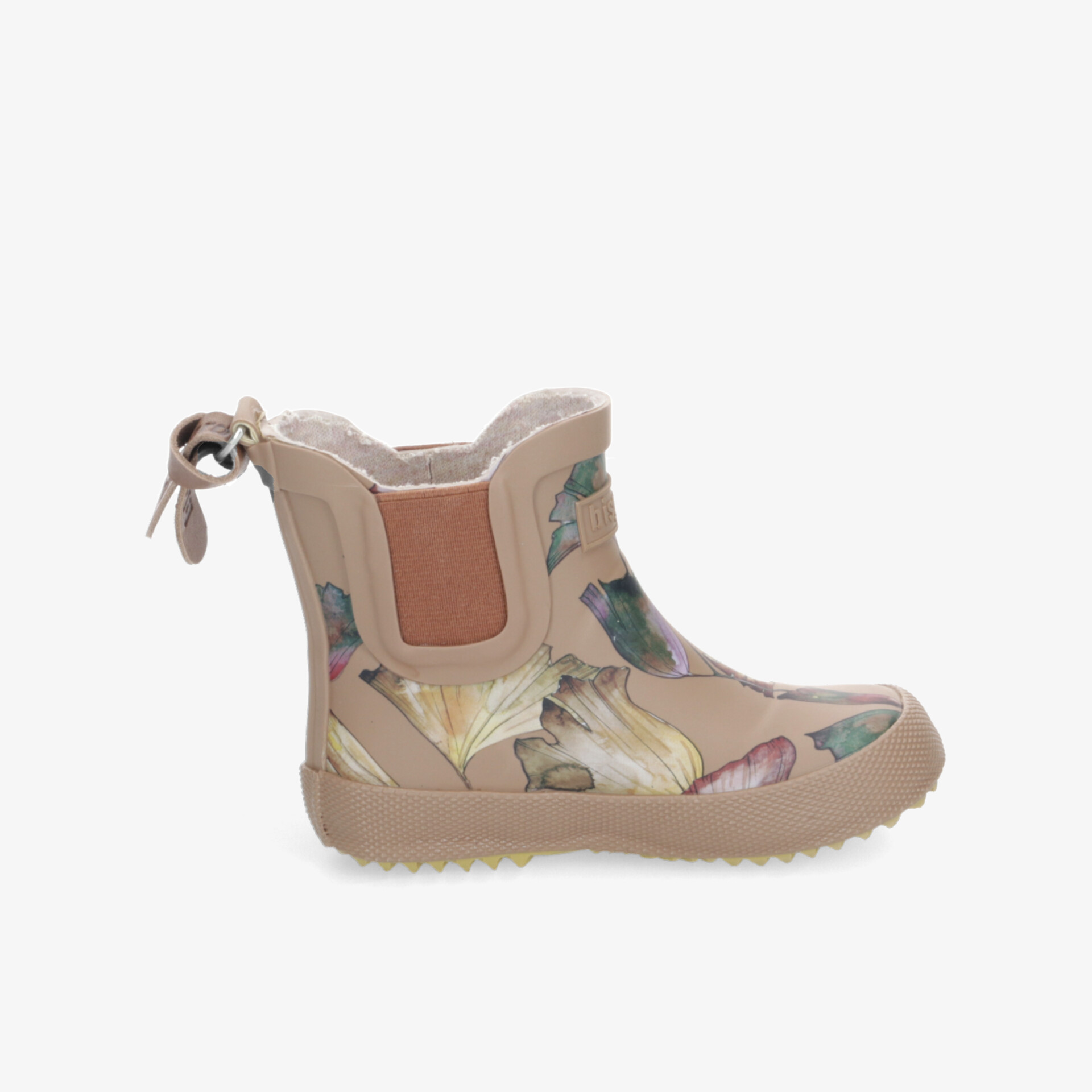 Seitenansicht einer modischen Stiefelette mit floralem Muster und weichem Futter für hohen Tragekomfort