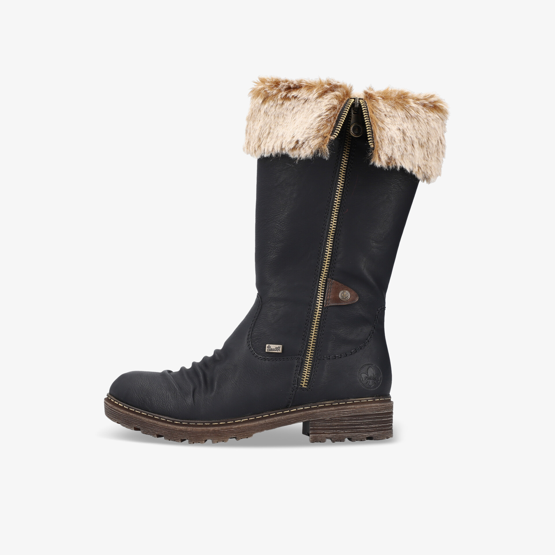 Warmer schwarzer Winterstiefel mit Fellbesatz, Reißverschluss und robuster rutschfester Sohle