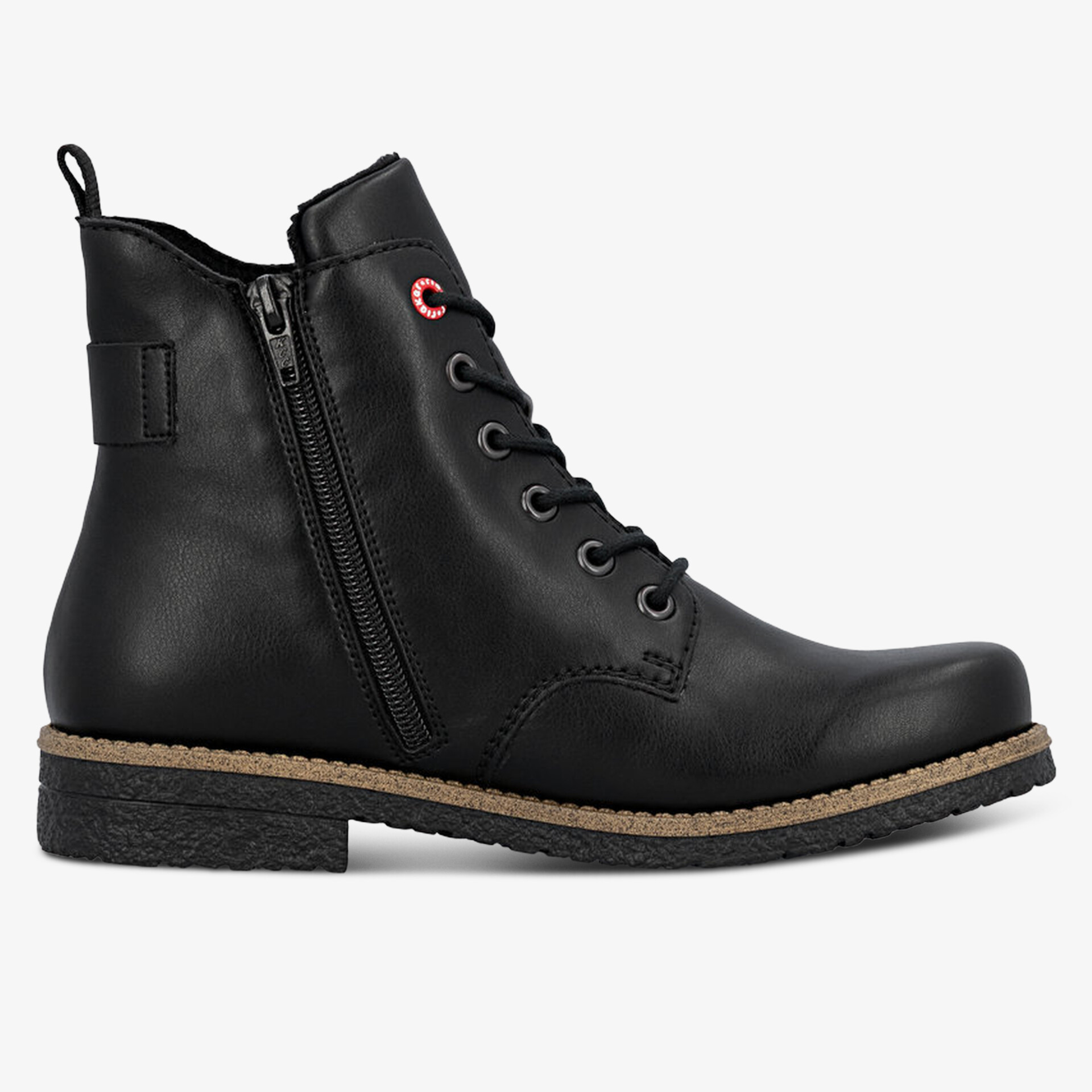 Schwarzer Schnürstiefel aus Kunstleder mit seitlichem Reißverschluss, flacher Profilsohle für hohen Tragekomfort