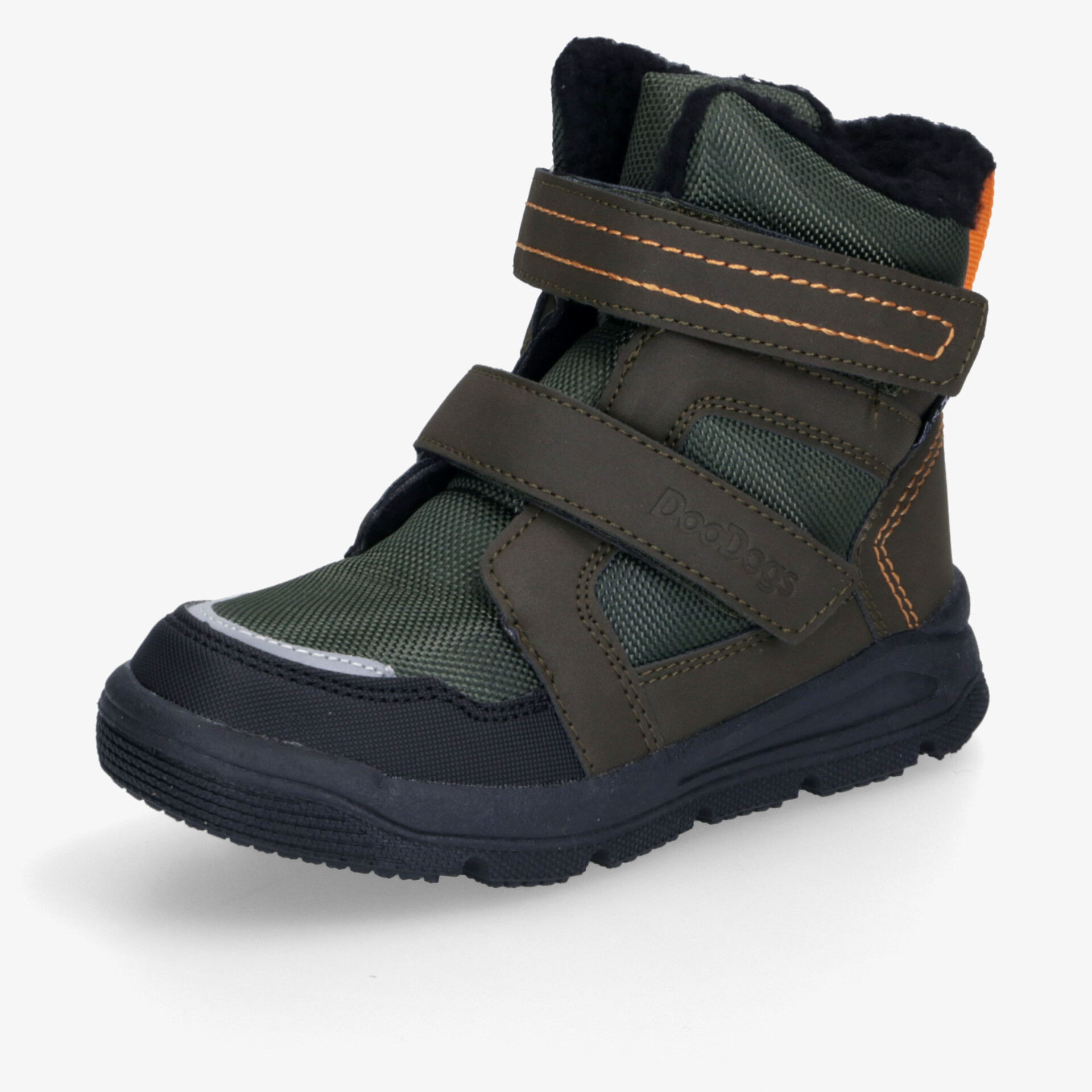 Stylischer grüner Winterstiefel mit Klettverschluss und rutschfester Sohle für komfortable Outdoor-Aktivitäten.