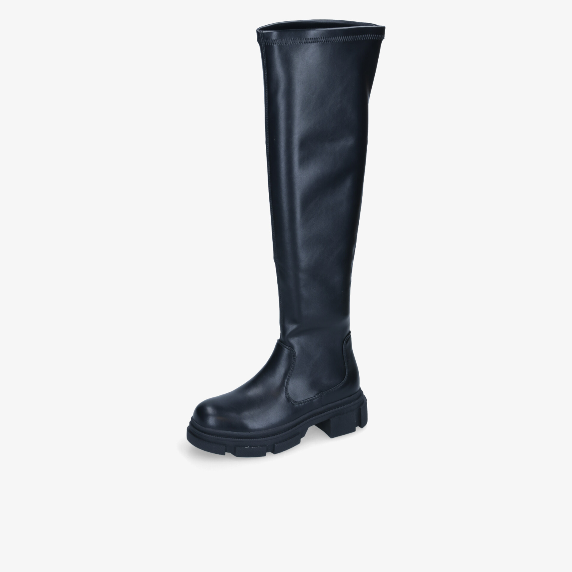 Schwarzer Hochschaftstiefel mit robustem Absatz und glattem Material in klarer Seitenansicht