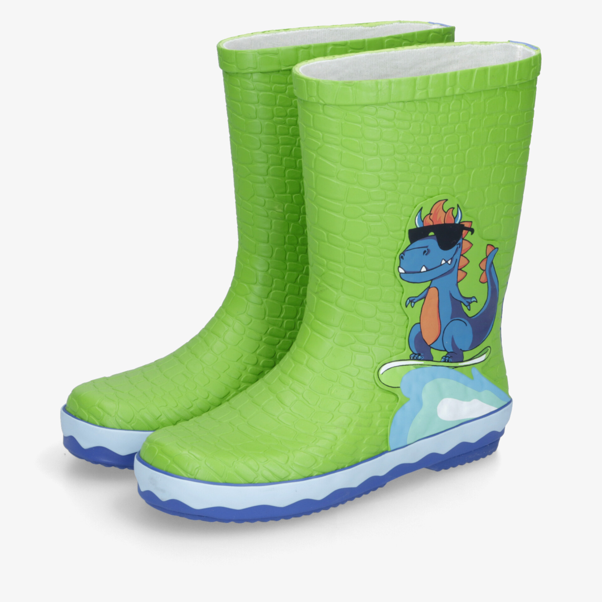 Grüne wasserdichte Regenstiefel mit rutschfester Sohle und farbenfroher Dinosaurier-Illustration für optimalen Schutz bei Nässe