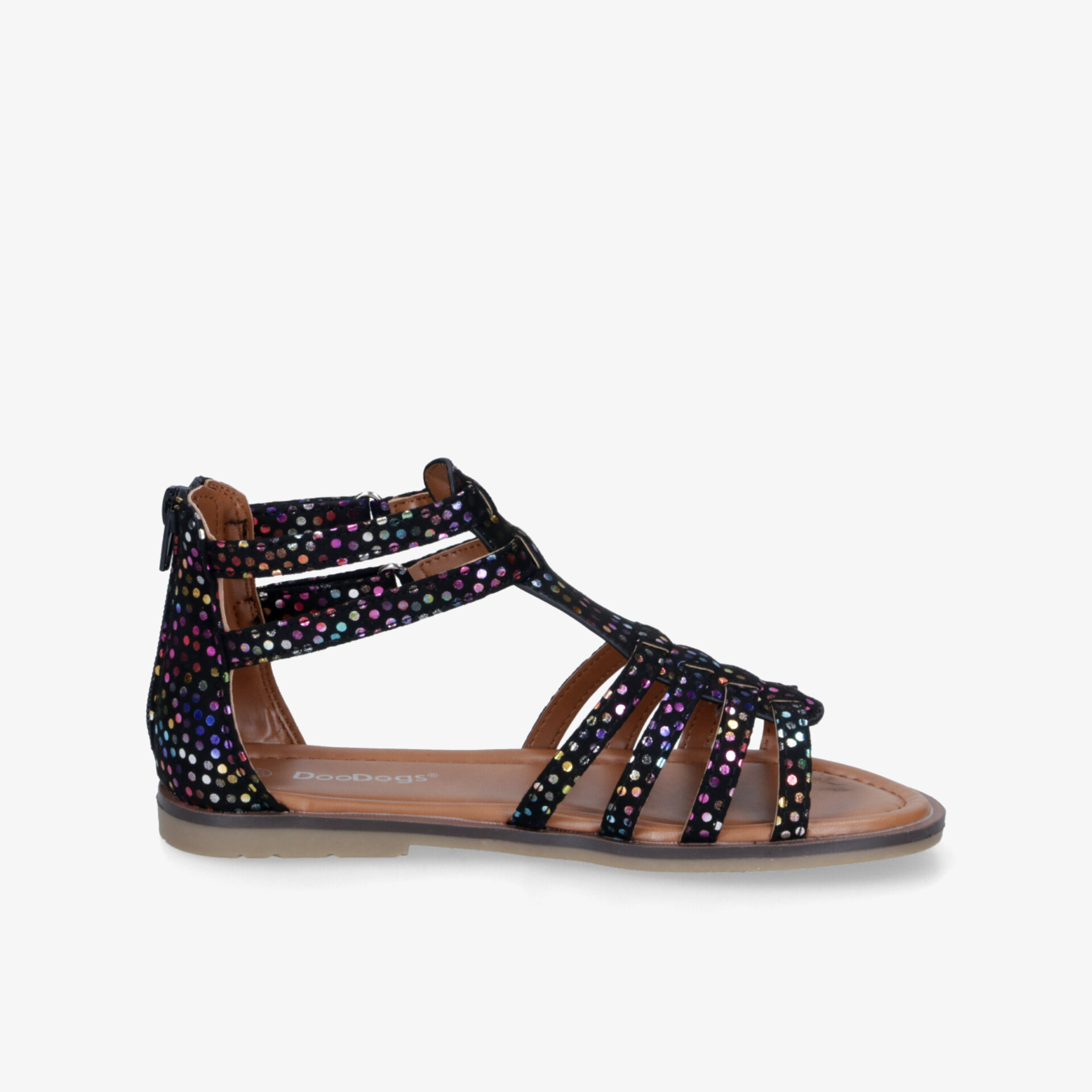 Leichte Sandale mit vielfältigen Riemen und buntem Muster, komfortabel und ideal für warme Tage