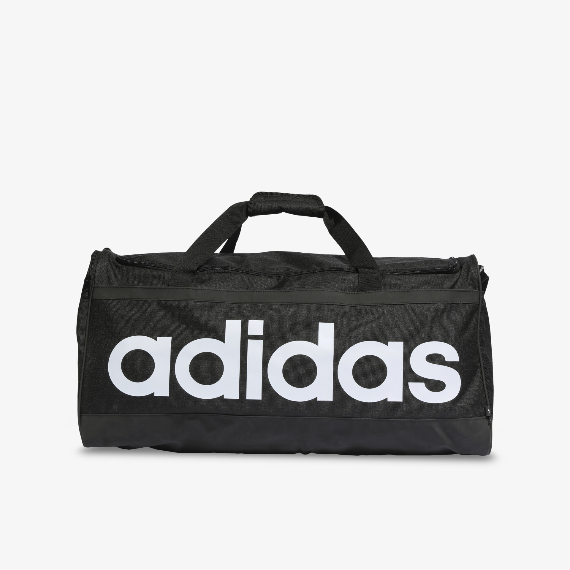 Schwarze adidas Sporttasche mit großem Logo, ideal für Fitness und Reisen, geräumig und praktisch.