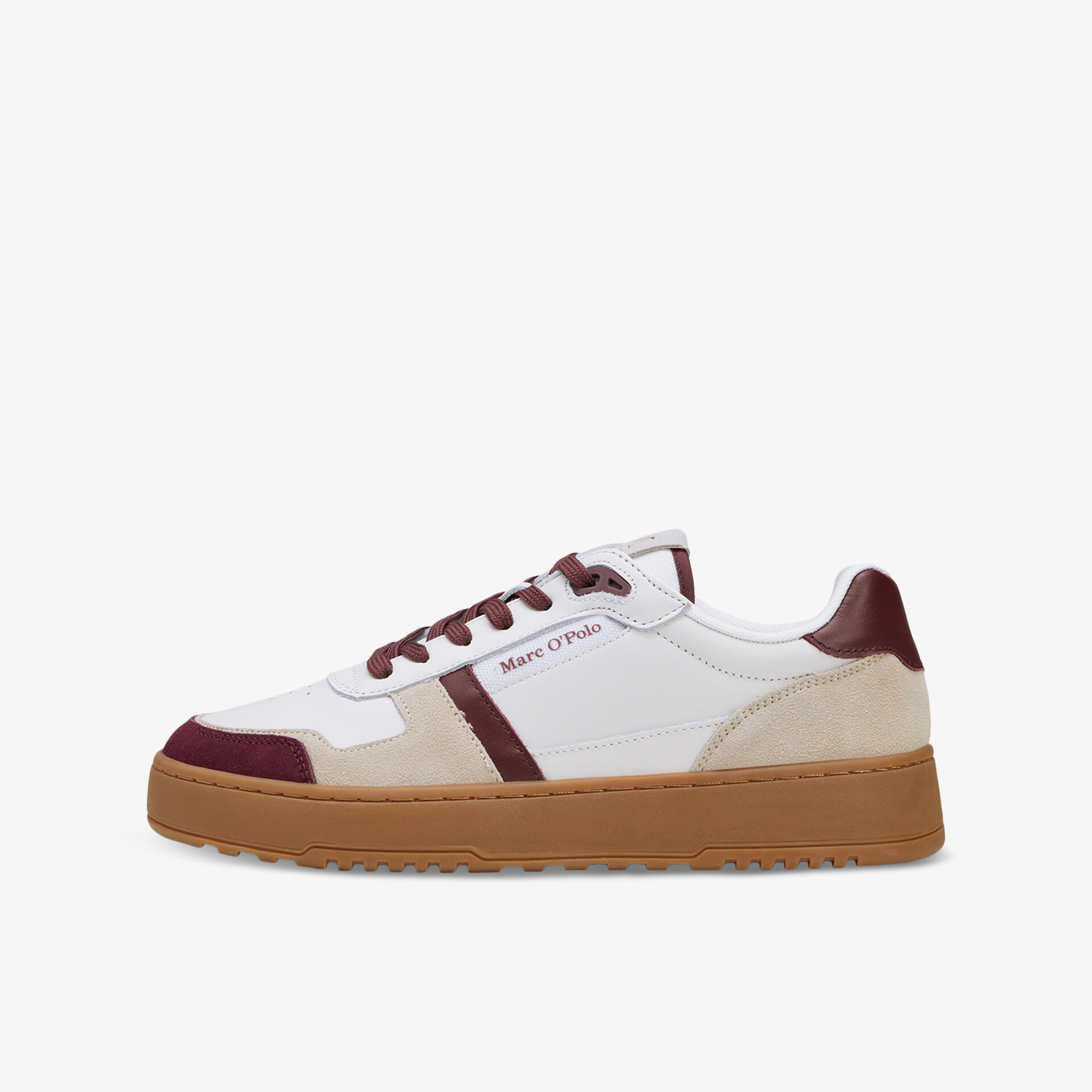 Eleganter weiß-roter Sneaker mit brauner Sohle im modernen Design für stilvolle Auftritte und optimalen Komfort.