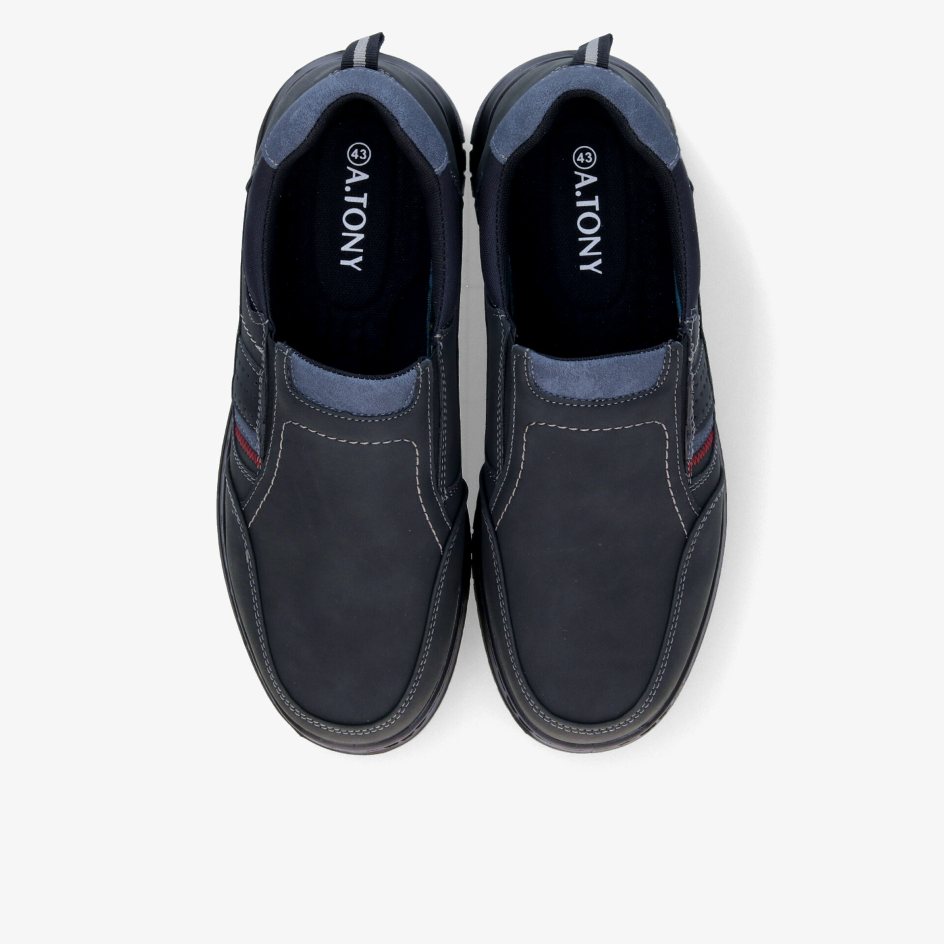 Bequeme schwarze Slip-On Schuhe im Paar, robustes Material mit rutschfester Sohle und modernem Design, Draufsicht