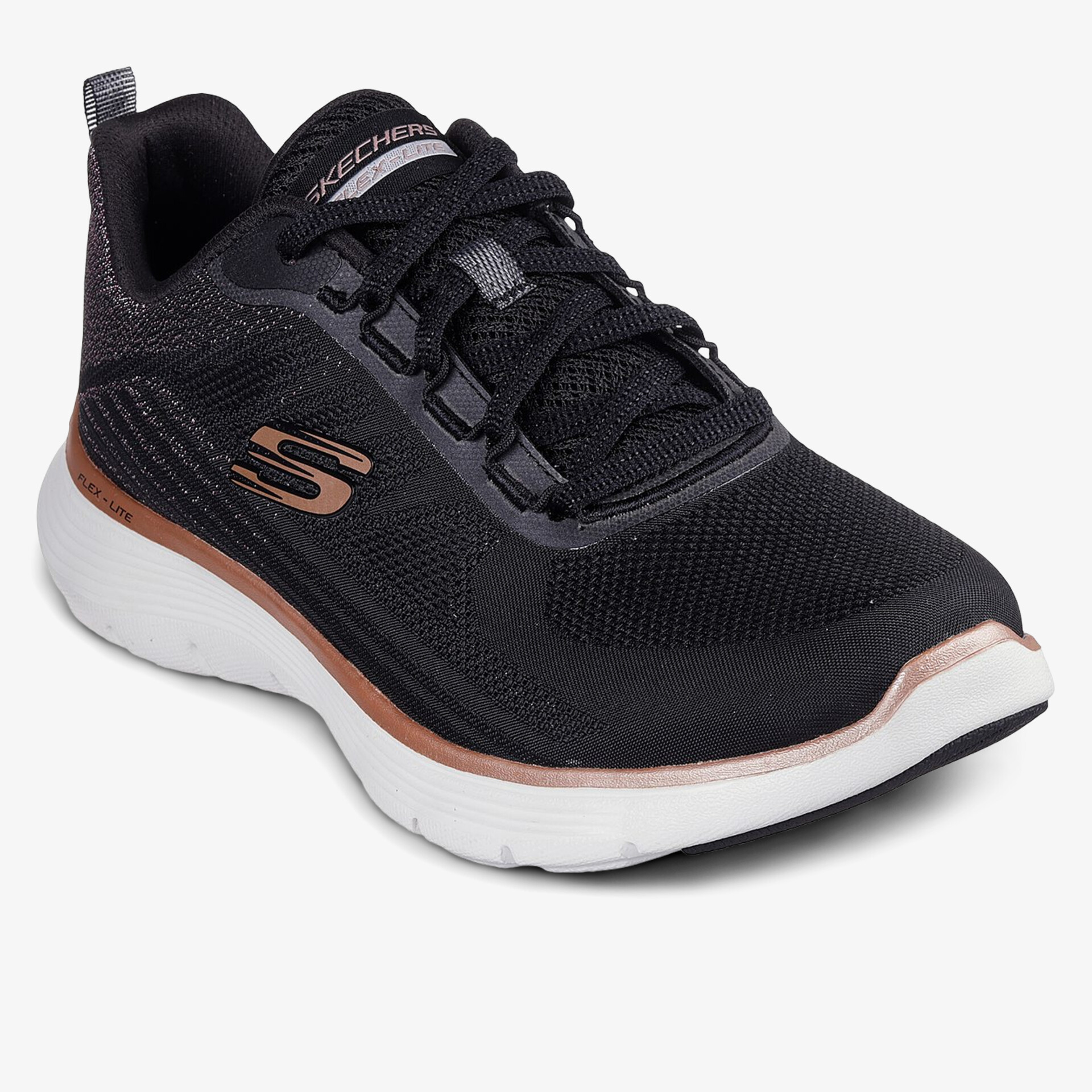 schwarzer leichter Sportschuh mit atmungsaktivem Material und flexibler weißer Sohle schräg vorne