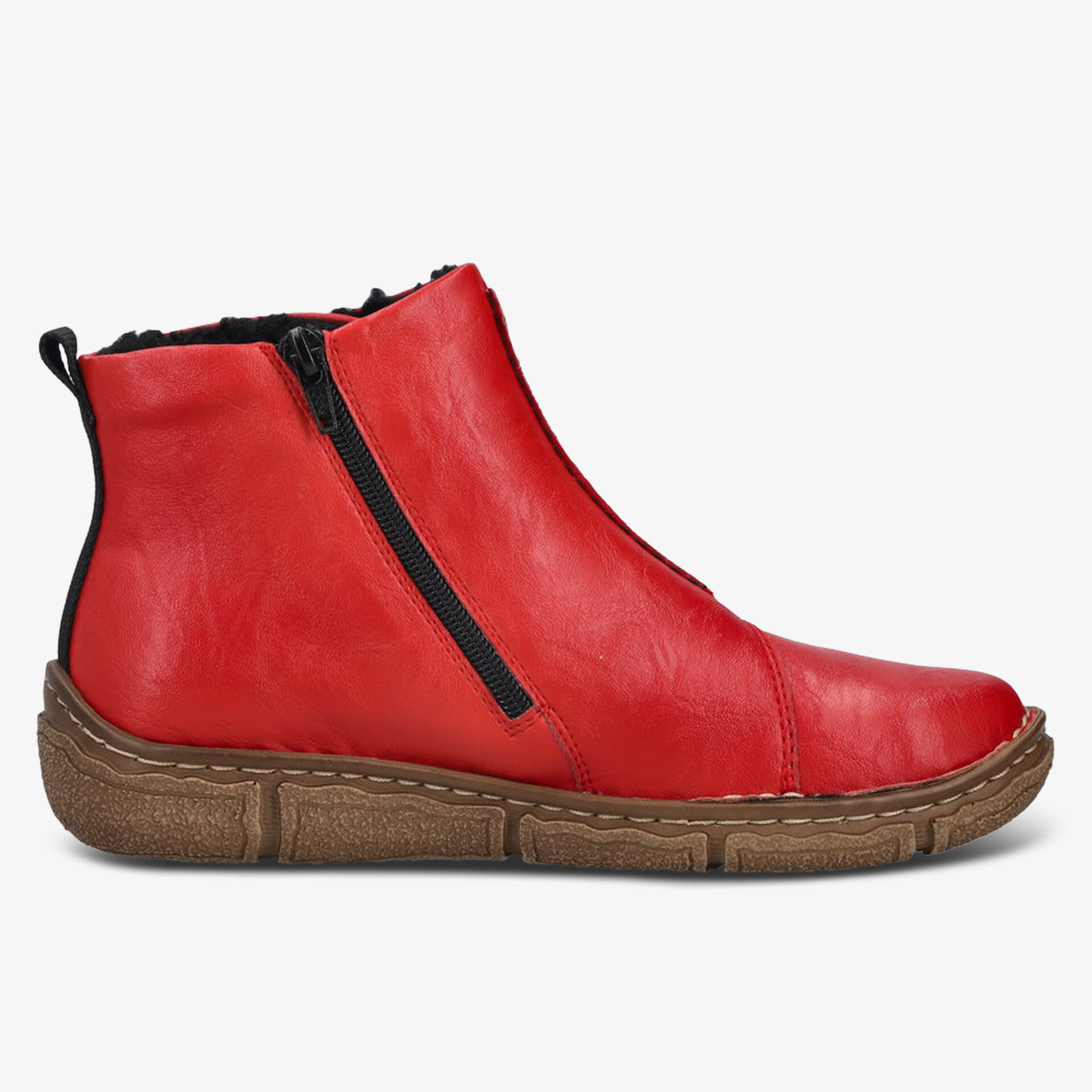 Rote Stiefelette mit Reißverschluss und bequemer flexibler Sohle in klarer Seitenansicht