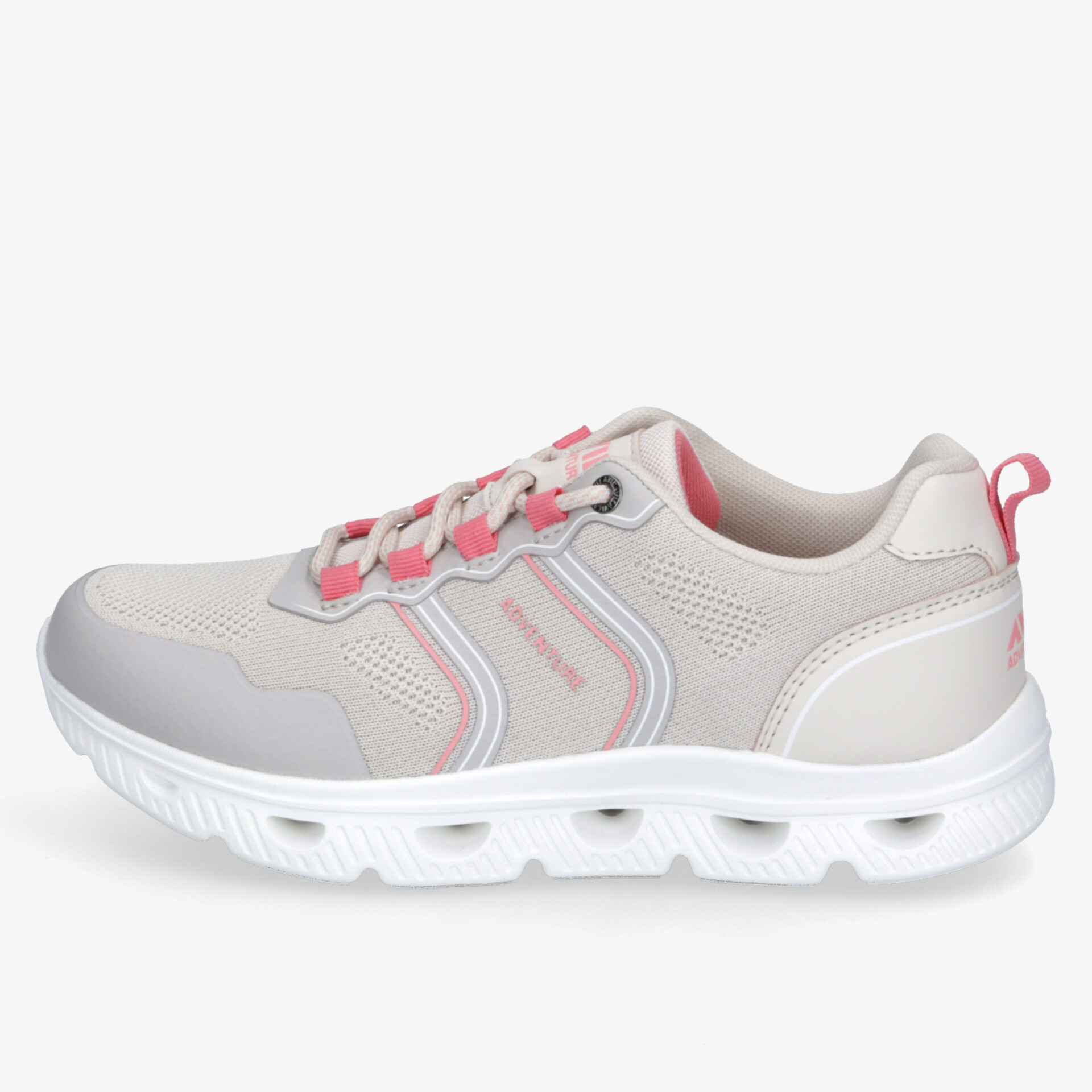 Sportliche Sneaker in Beige mit rosa Akzenten und bequemer, atmungsaktiver Sohle für optimale Performance.