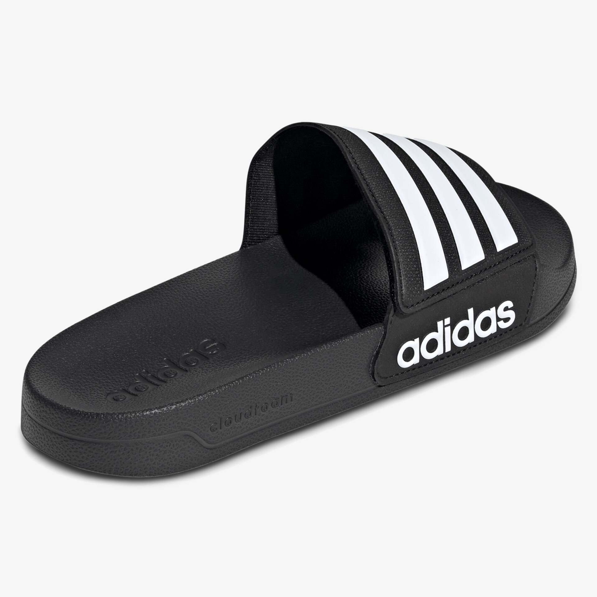 Bequemer schwarzer Adidas Badeschuh mit weißem Markenlogo und rutschfester Sohle