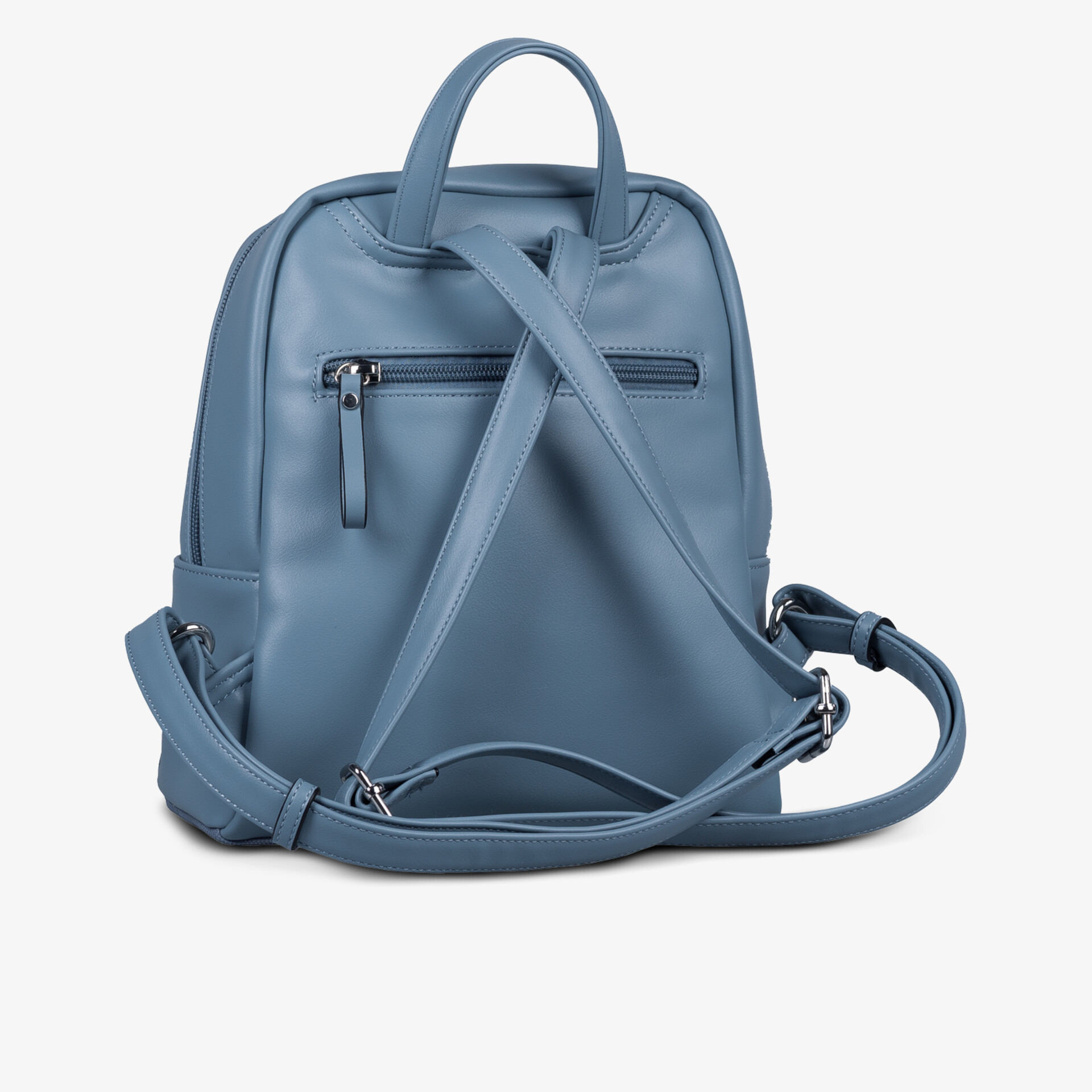 Moderner blauer Rucksack mit Reißverschluss und verstellbaren Schulterriemen in kompakter Größe