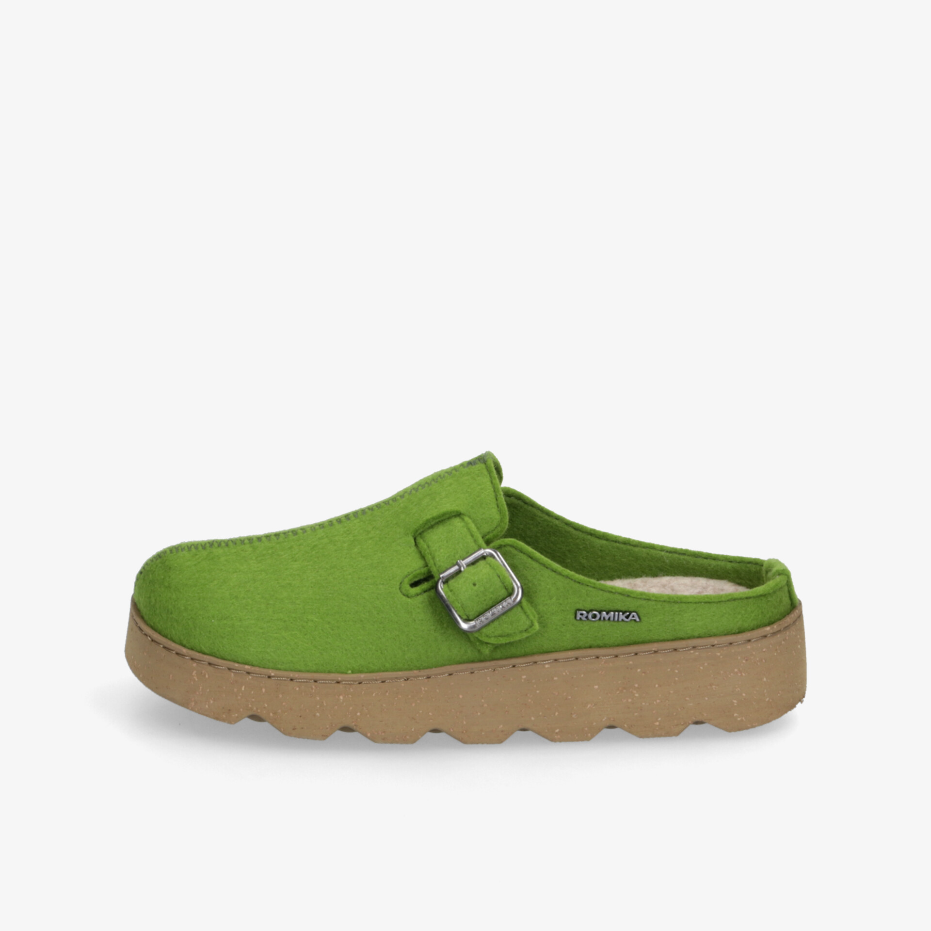 Bequemer grüner Schuh mit verstellbarer Schnalle und robuster rutschfester Sohle in seitlicher Ansicht