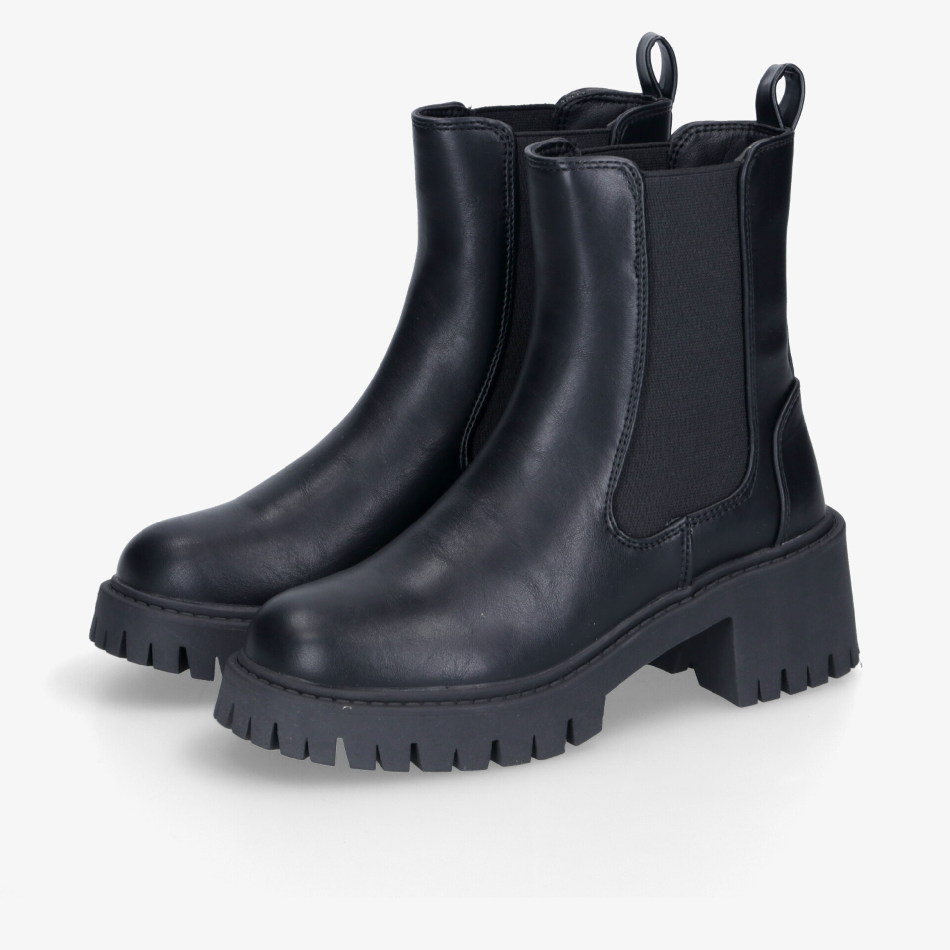 Schwarze Chelsea Boots mit Blockabsatz und robustem Design, perfekt für stilvolle Auftritte.