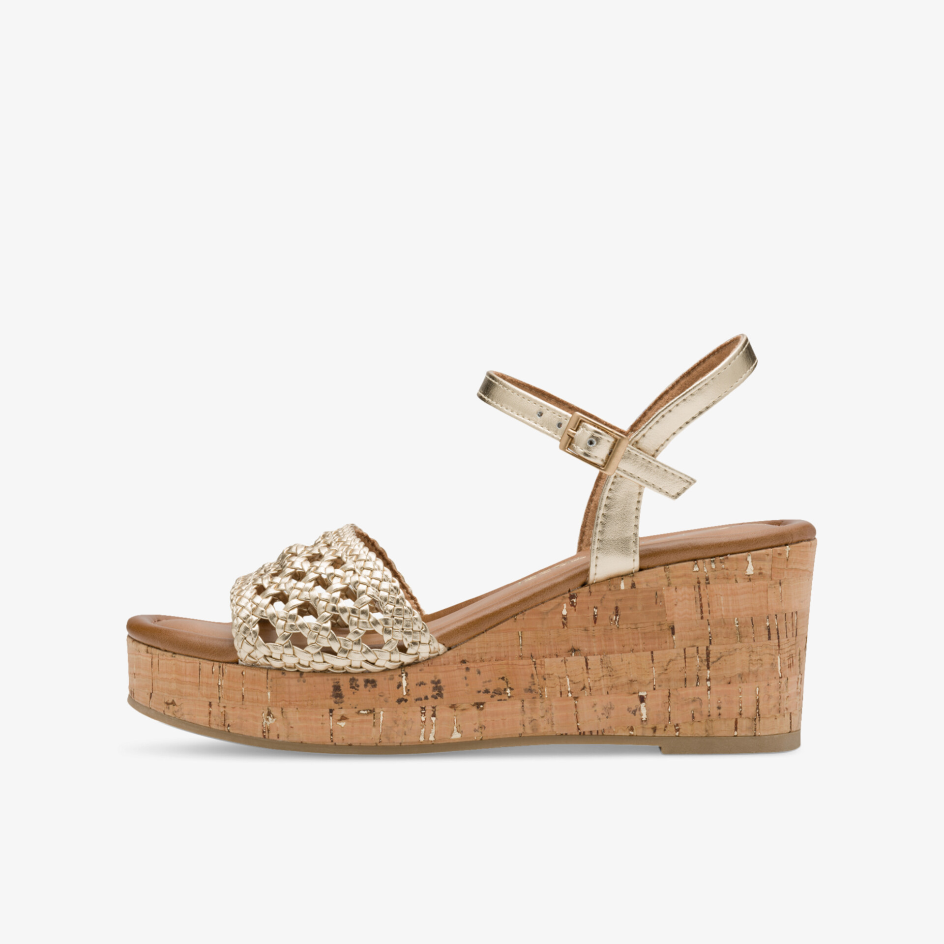 Beige Sandale mit Kork-Wedges Absatz und verstellbarem Riemen für stilvollen und bequemen Tragekomfort